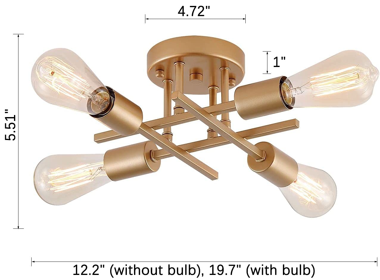 Aihying 4-Light Semi Flush Mount Ceiling Light, Gold Mid-Century Industrial Farmhouse Chandelier Light Fixtures For Hallway Entr