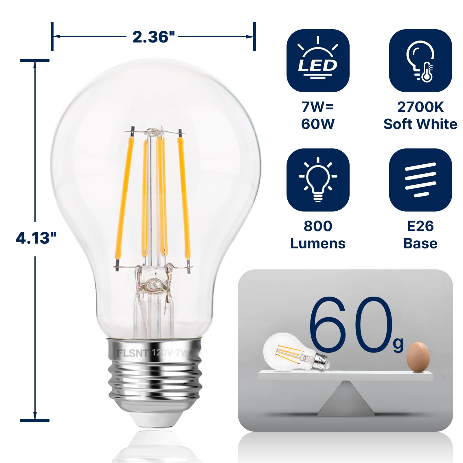 FLSNT A19 LED Light Bulbs 60W Equivalent Dimmable 7W 800 Lumens 2700K Soft White Glass 8 Pack