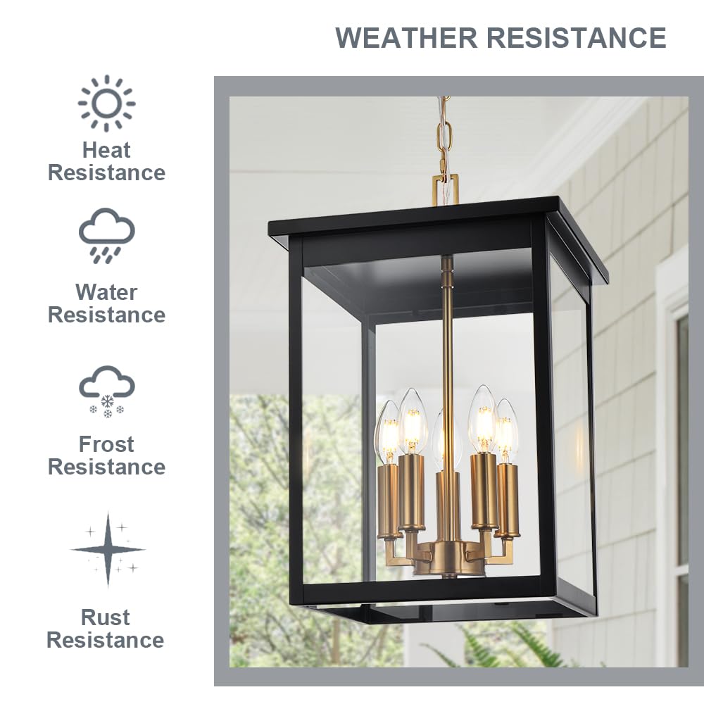 Winshen Large Outdoor Pendant Light Fixtures, 5-Lights Porch Ceiling Mount Lighting Adjustable Chain, Exterior Hanging Lamp Wate