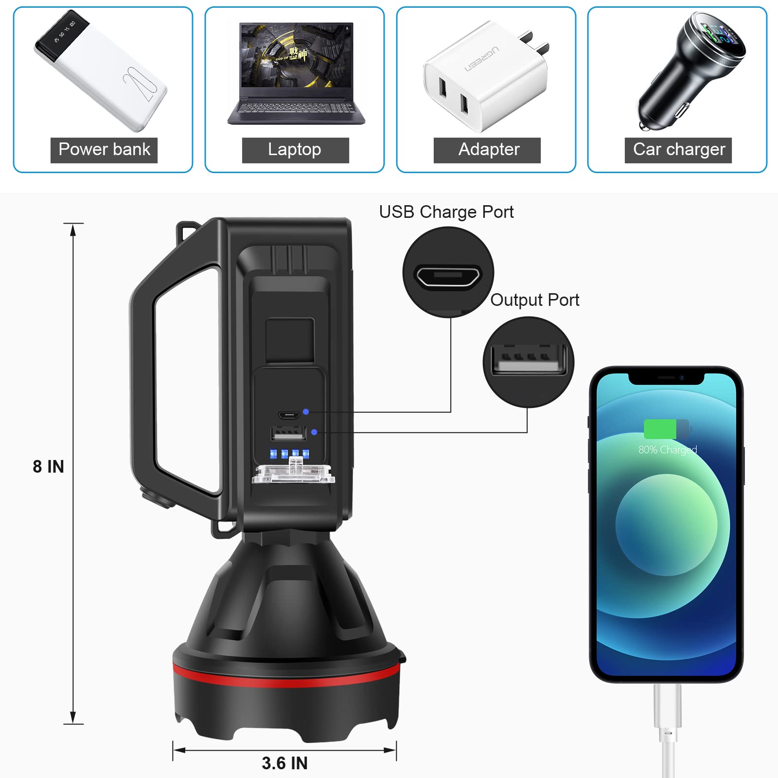 Rechargeable Spotlight Flashlight, High Lumens Handheld Spotlight,Led Searchlight With Shoulder Strap And Usb Output For During