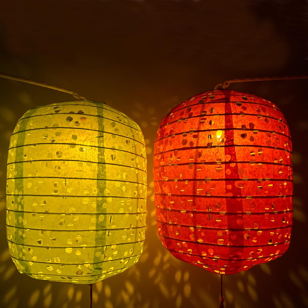 12 Pack Chinese Paper Lanterns Multicolor Hanging Hollow Out Lanterns 6 X 8 Inch Asia Japanese Lantern Lamps With Led Lights Sticks Tassels For Home Outdoor Decorations (Oval Shaped With Led-Colorful)