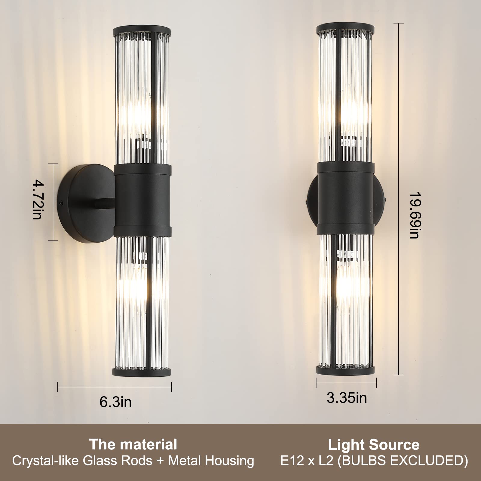 ECOBRT 2-Light Matte Black Bathroom Vanity Light - Modern Metal Wall Fixture with Glass Rods for Mirror, Bedroom, Hallway - Model 1630-BK