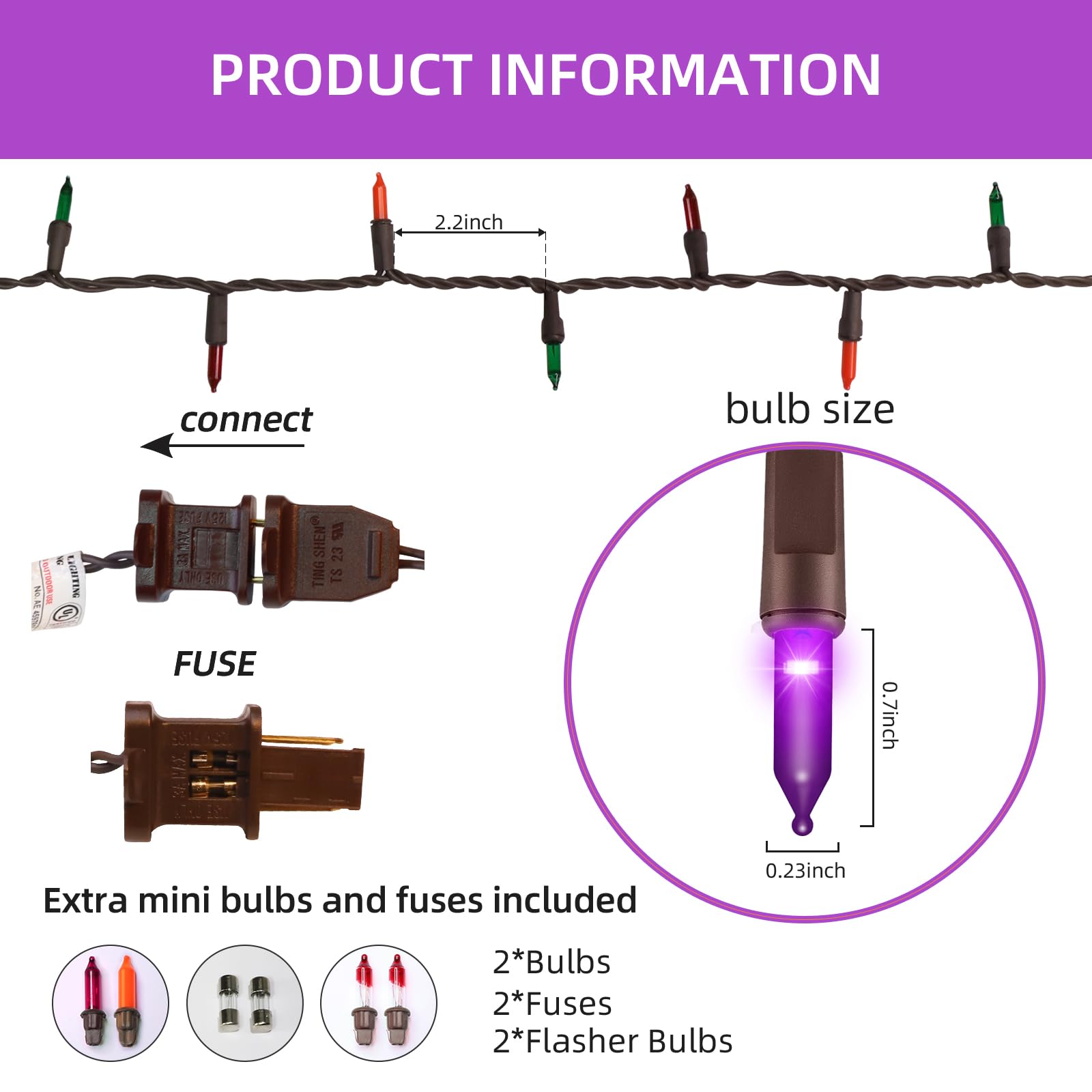 Xmashome19.6Ft Brown Wire Purple Green Orange String Lights, 100 Count Incandescent Halloween Lights (Purple Green Orang, 100 Lights) Mini 100L, Brown Wire,Multi