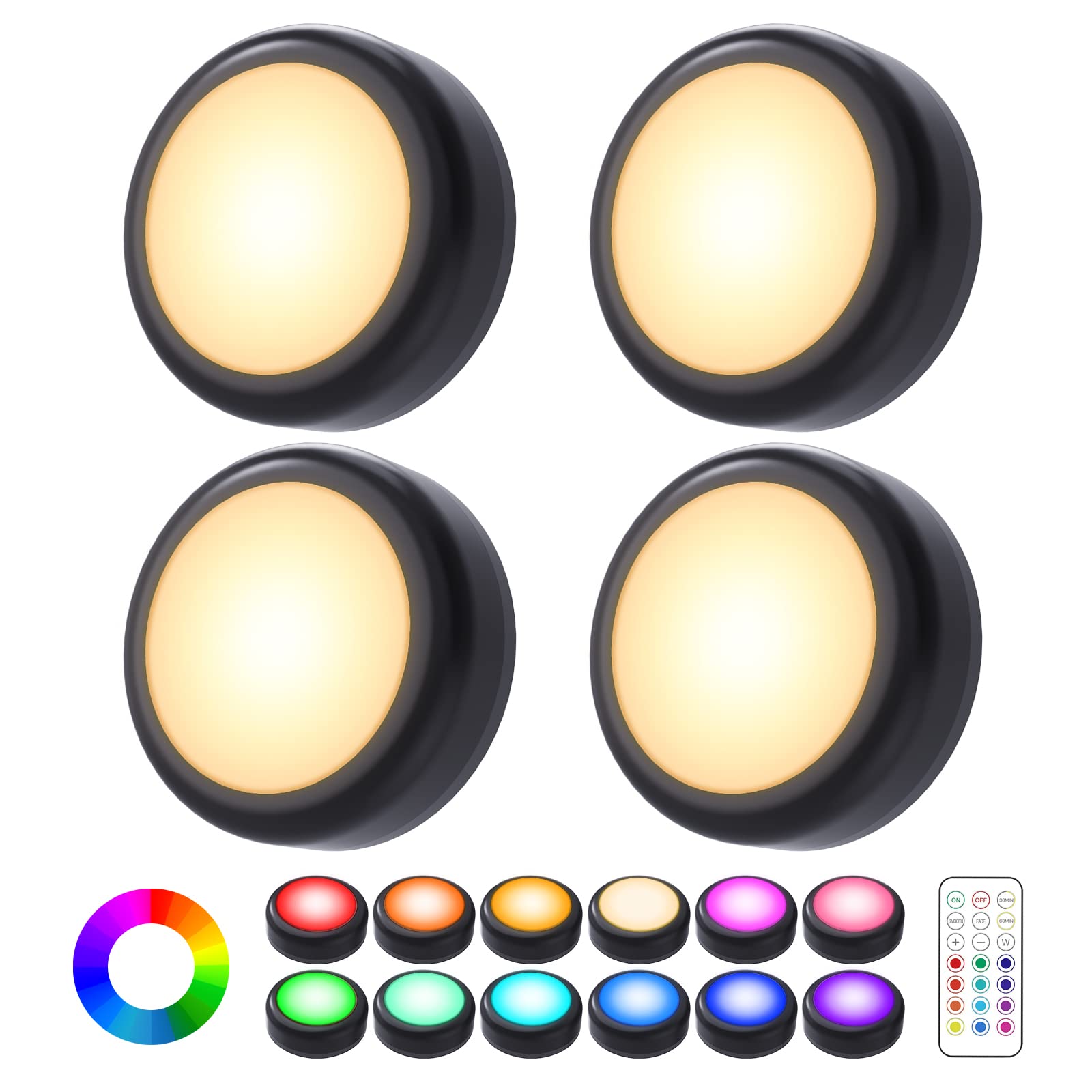 Cadrim Puck Lights, 4 Pack 13 Colors Changeable LED Puck lightings Battery Powered Dimmable Under Cabinet Lights, Battery Powere