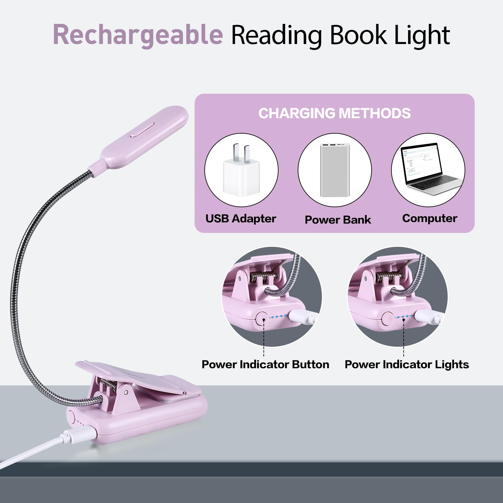 VAVOFO Rechargeable Book Light, Amber 1600K, 7 LEDs, Clip-On, 1-Pack, Pink Purple, Model KM-6720A
