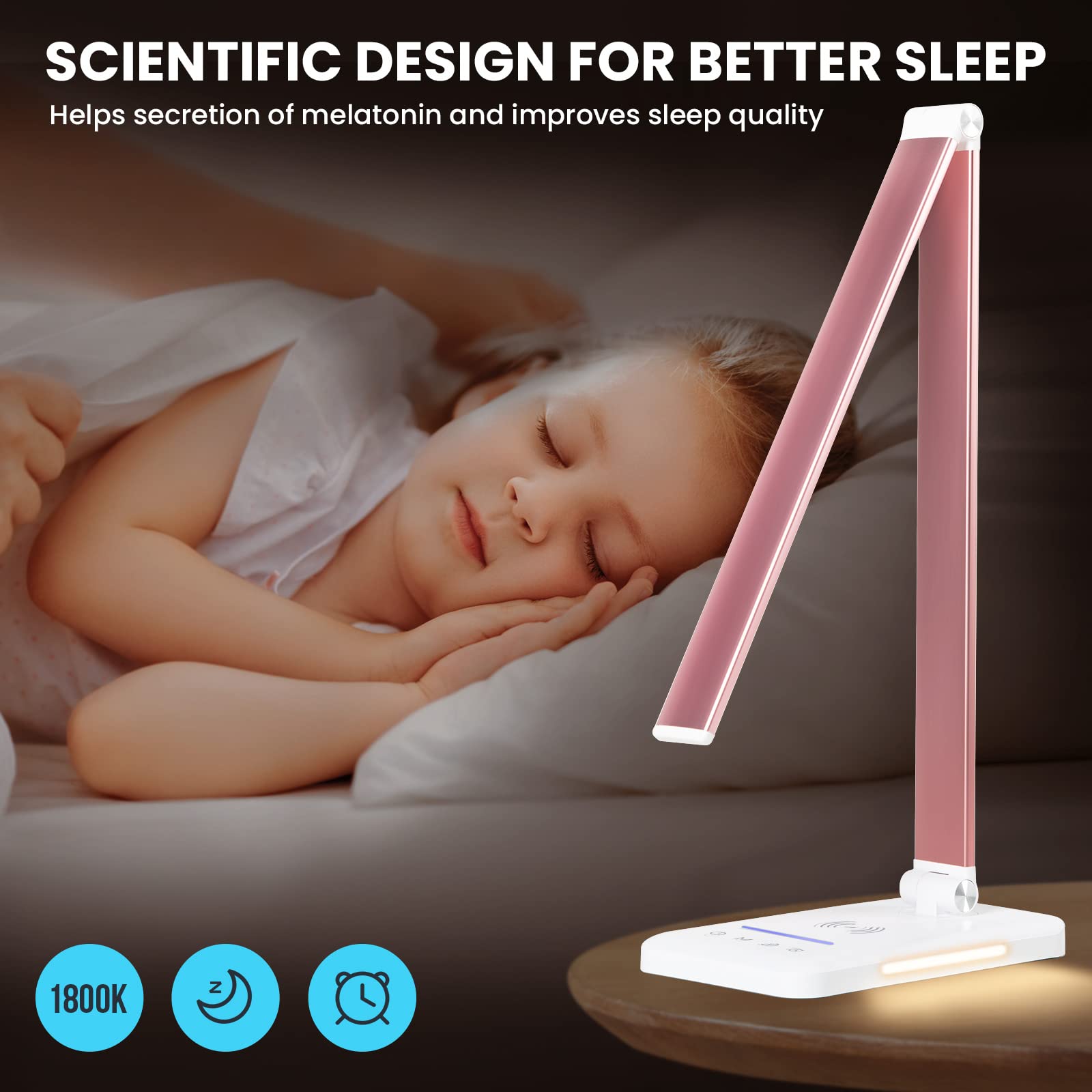 JOSTIC LED Desk Lamp - 10 Brightness Levels, 5 Color Modes, Pink, Model EK009A, Dimmable, Wireless Charger, Touch Control, Auto Timer