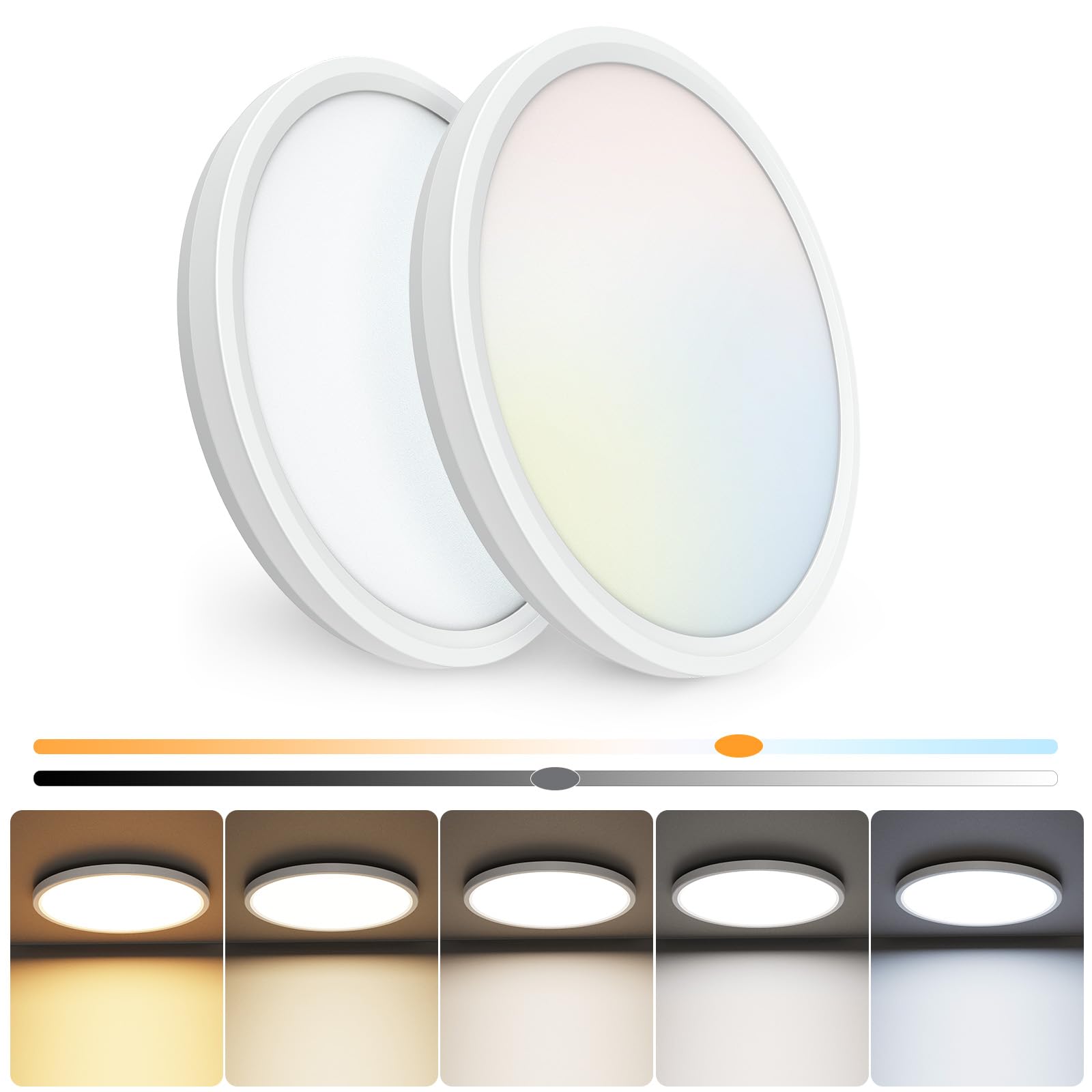 NIORSUN 7 Inch LED Ceiling Lights, 15W Dimmable Flush Mount, 5CCT Options, 2 Pack, White, Model 1622101LGTF