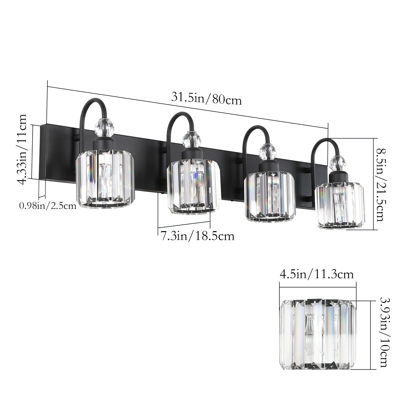 Ralbay Modern Crystal Vanity Light 3-Lights Modern Crystal Vanity Lights For Bathroom Matte Black Crystal Bath Wall Light Fixtur