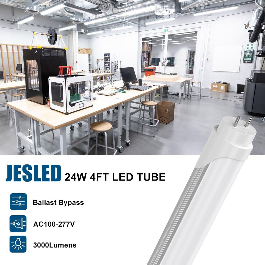 Jesled T8 4Ft Led Type A+B Tube Light Bulbs, 24W 5000K, 3000Lm, Plug And Play Or Ballast Bypass, 4 Foot Led Flourescent Replacem