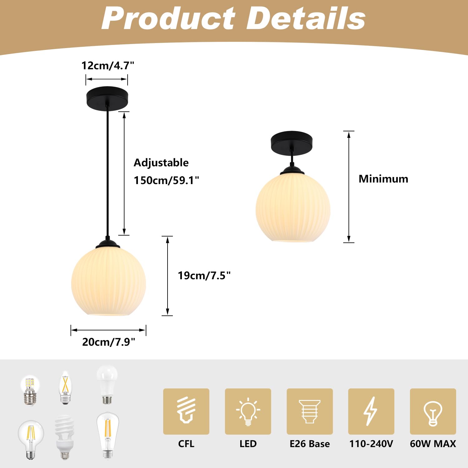 Kco Lighting Milk Glass Globe Pendant Light Industrial Vintage Ribbed Pendant Light Black Ceiling Pendant Light Fixture White Gl