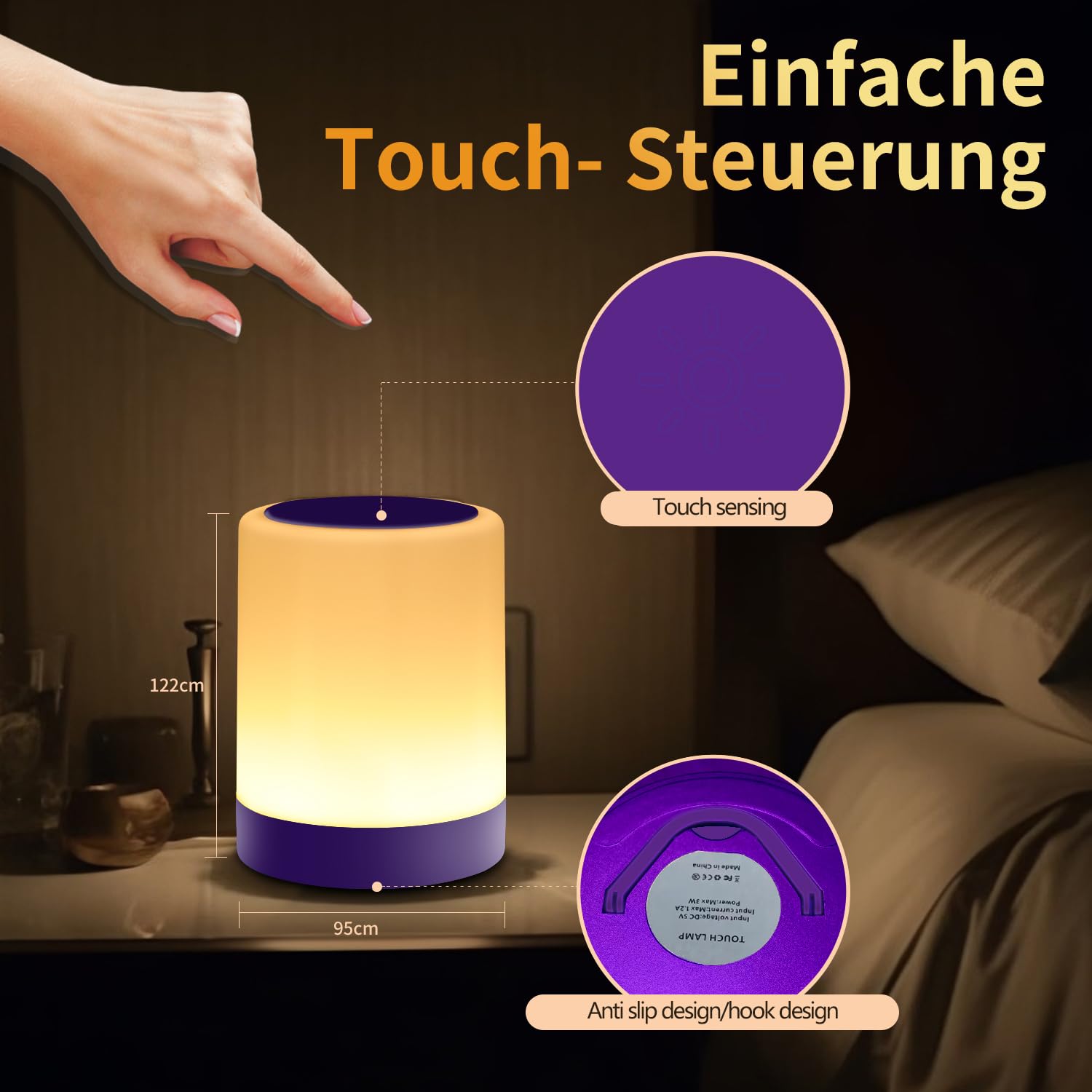 OORUN Touch Bedside Table Lamp, USB Rechargeable, 13 RGB Colors, 5 Brightness Levels, 3.74inD x 3.74inW x 4.8inH