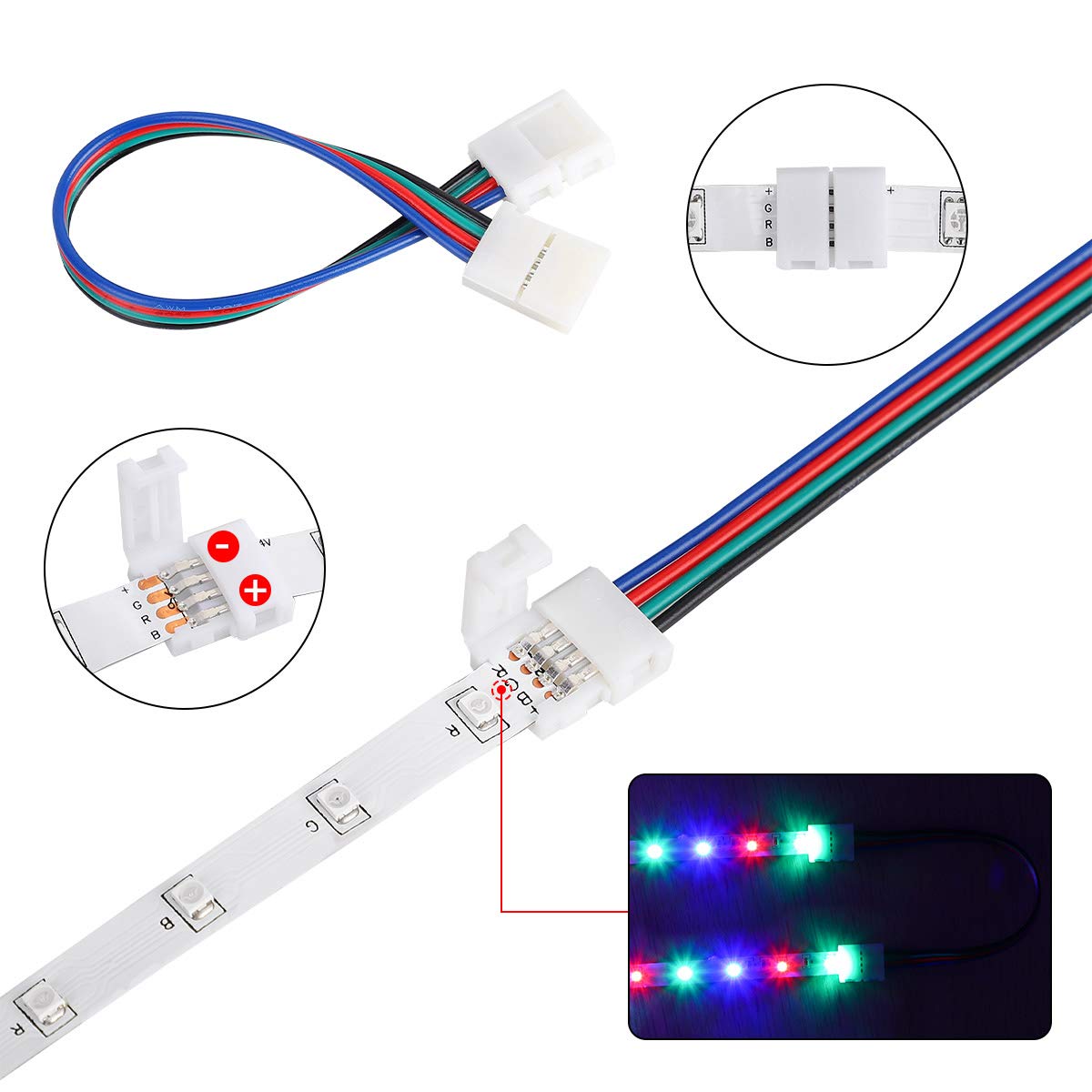 Supernight 3528 2835 4 Pin 8Mm Led Strip Connector, Rgb Rope Lights Connector Kit, Gapless Solderless Clip, 32.8Ft Extension Wire Cable, L Shape Pcb (For 8Mm Width Strip)