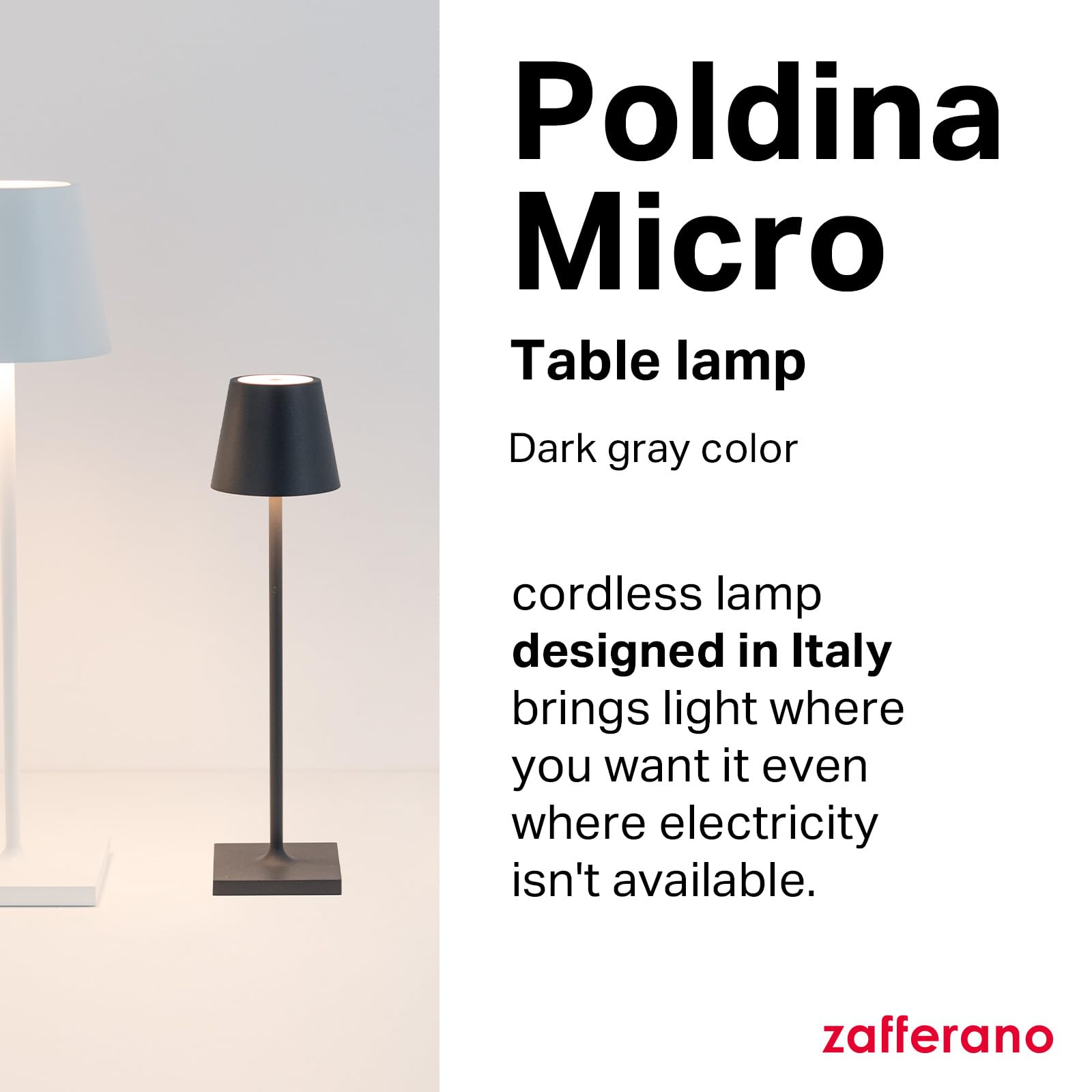 Zafferano Poldina Micro Lamp Cordless Table Lamp Rechargeable Touch Control 10.8in Dark Grey LD0490N3