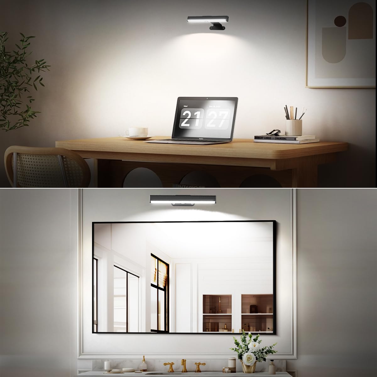 EUIOKUN 6-Pack Wireless Picture Light - Dimmable LED Wall Sconces, Battery Operated, Black, Model m220 for Art & Home Decor