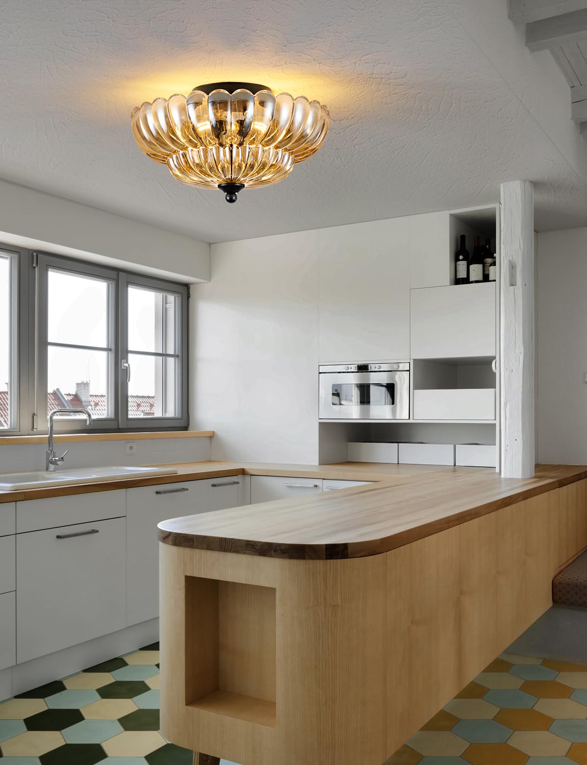 SIJINCHEN Semi Flush Mount Ceiling Light - 3-Bulb Amber Glass Fixture for Bedroom, Kitchen, Living Room, 11.8 Inch, Vintage Style