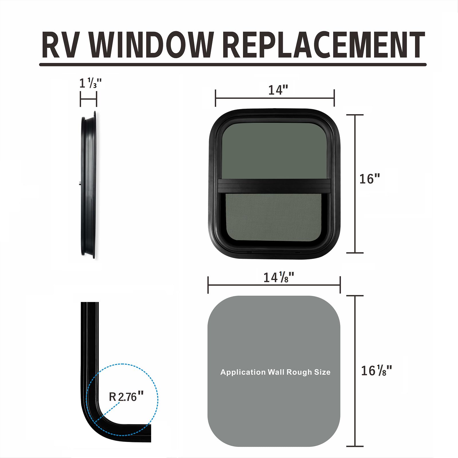 TZGP RV Window, 14in W x 16in H Vertical Slide, Tempered Glass, Black, Model SLIDER RV WINDOW 07, DOT Certified
