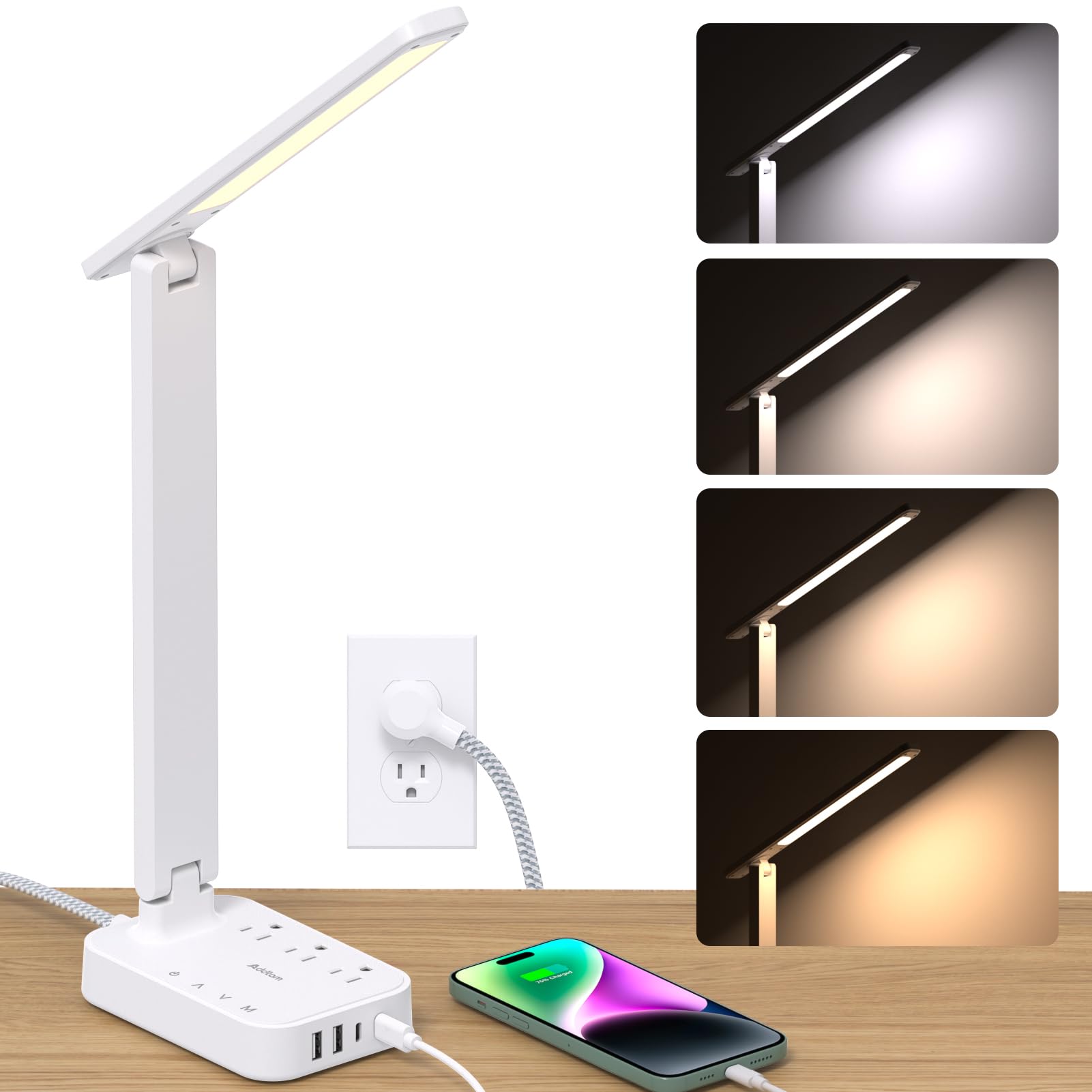 Addtam LED Desk Lamp, Power Strip with 3 Outlets 4 USB Charging Ports(2 USBC), 4 Modes 5 Level Brightness Touch Lamp, Small Desk