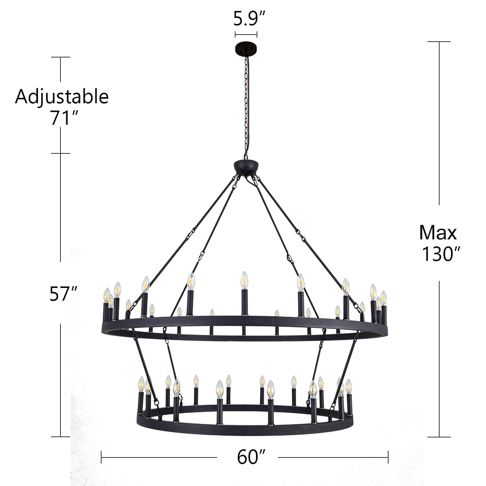 Wellmet Large Dining Room Chandelier, Black 2 Tier Wagon Wheel Vintage Chandelier, Farmhouse Round High Ceiling Light Fixture, I
