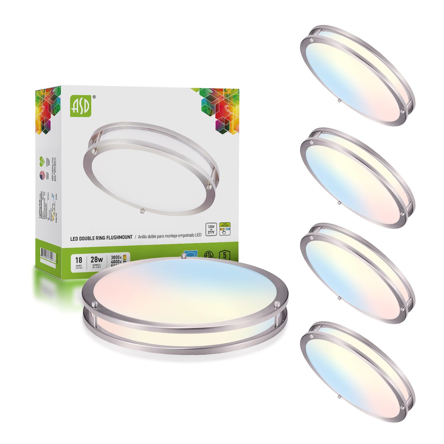 ASD LED 18 Inch Round Flush Mount Light Fixture | 28W 2750LM 3000K-5000K 100-277V | 3CCT, Dimmable, Energy Star, ETL Listed | Cl