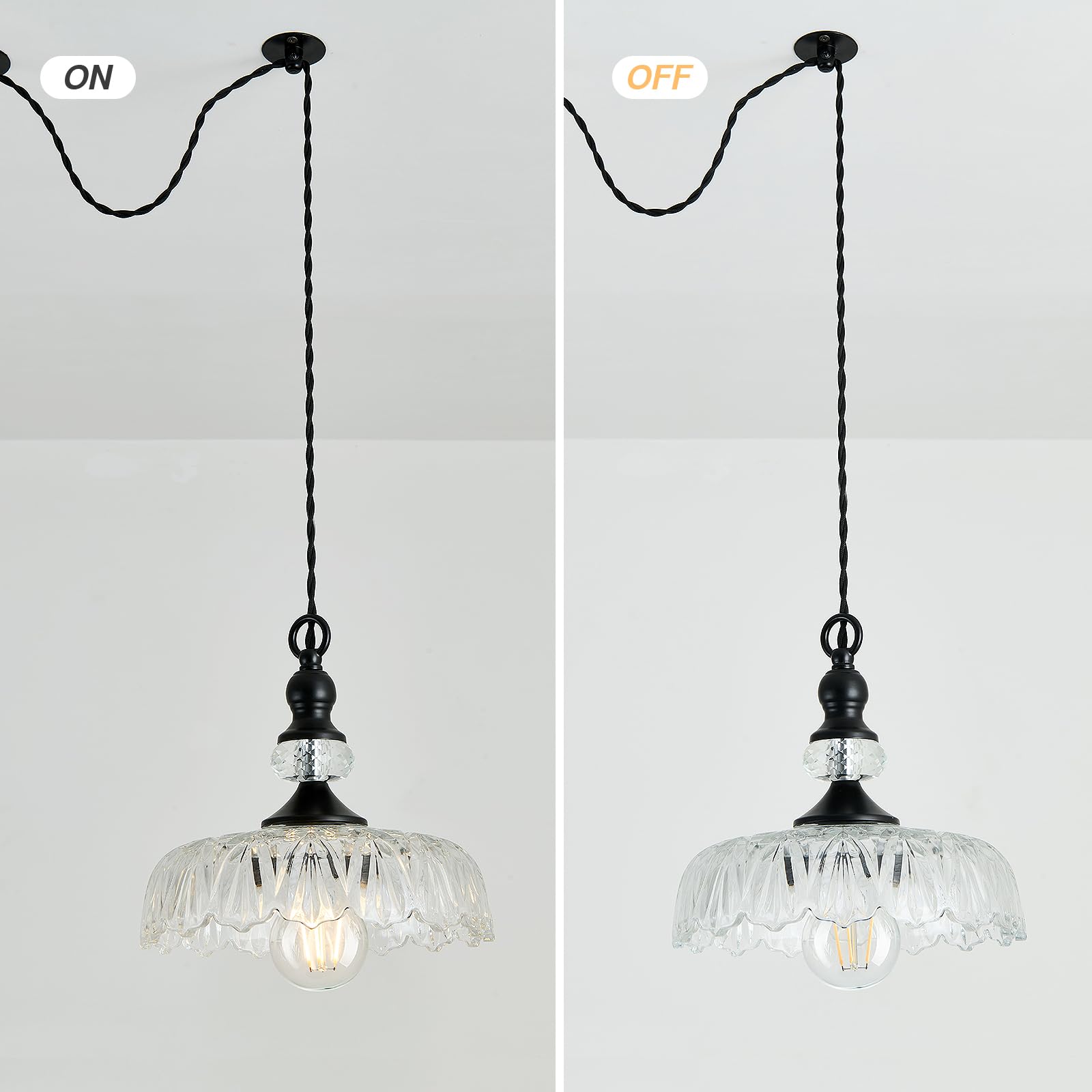 Cvkash Plug In Glass Pendant Light Fixture Black Vintage Adjustable Chandelier Hanging Ceiling Light For Farmhouse Hallway Bedro