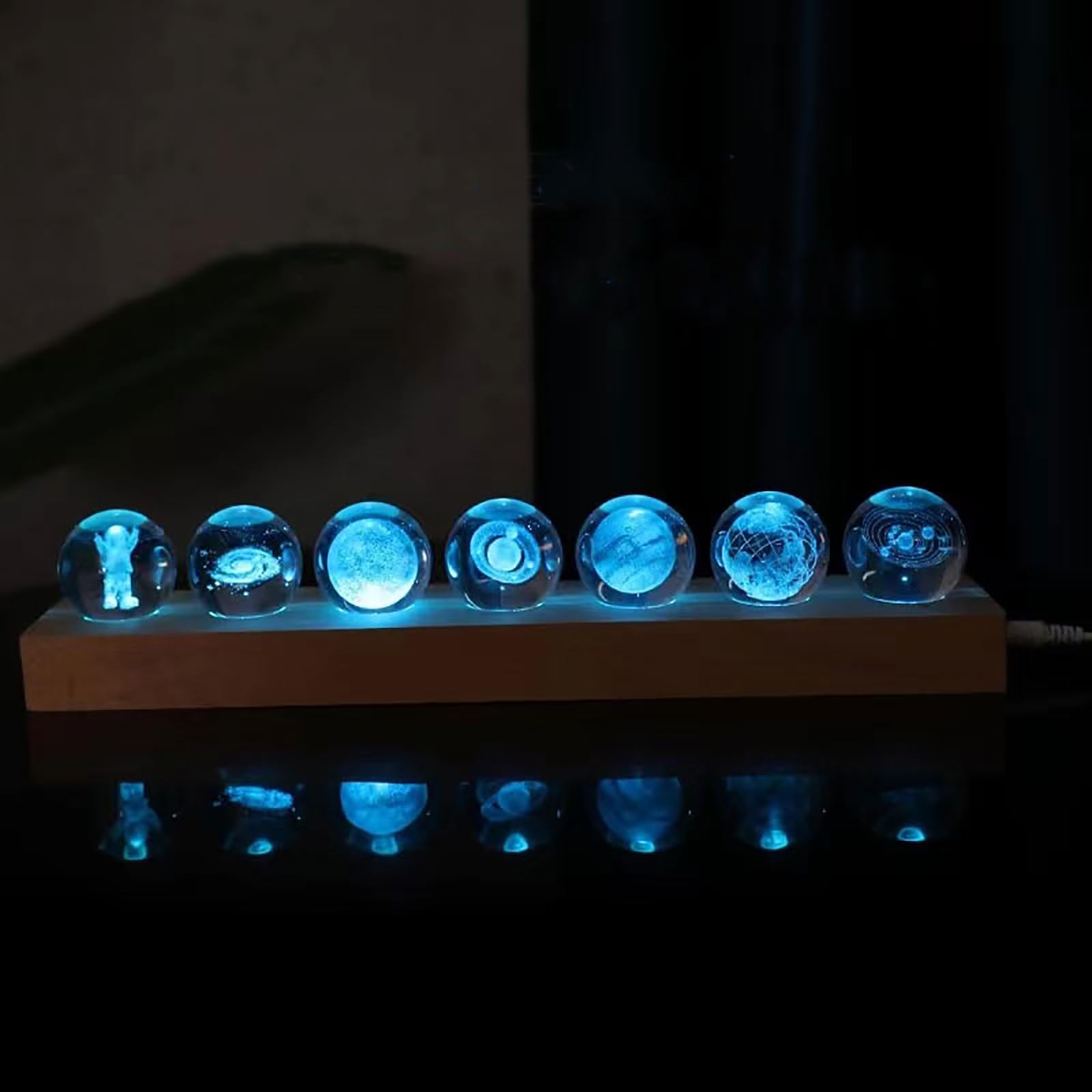 Aoyosic 7 Pcs Planet Crystal Ball Night Light Lamp with LED Wooden Base, 3D Galaxy Moon Saturn Crystal Ball Nightlight for Medit