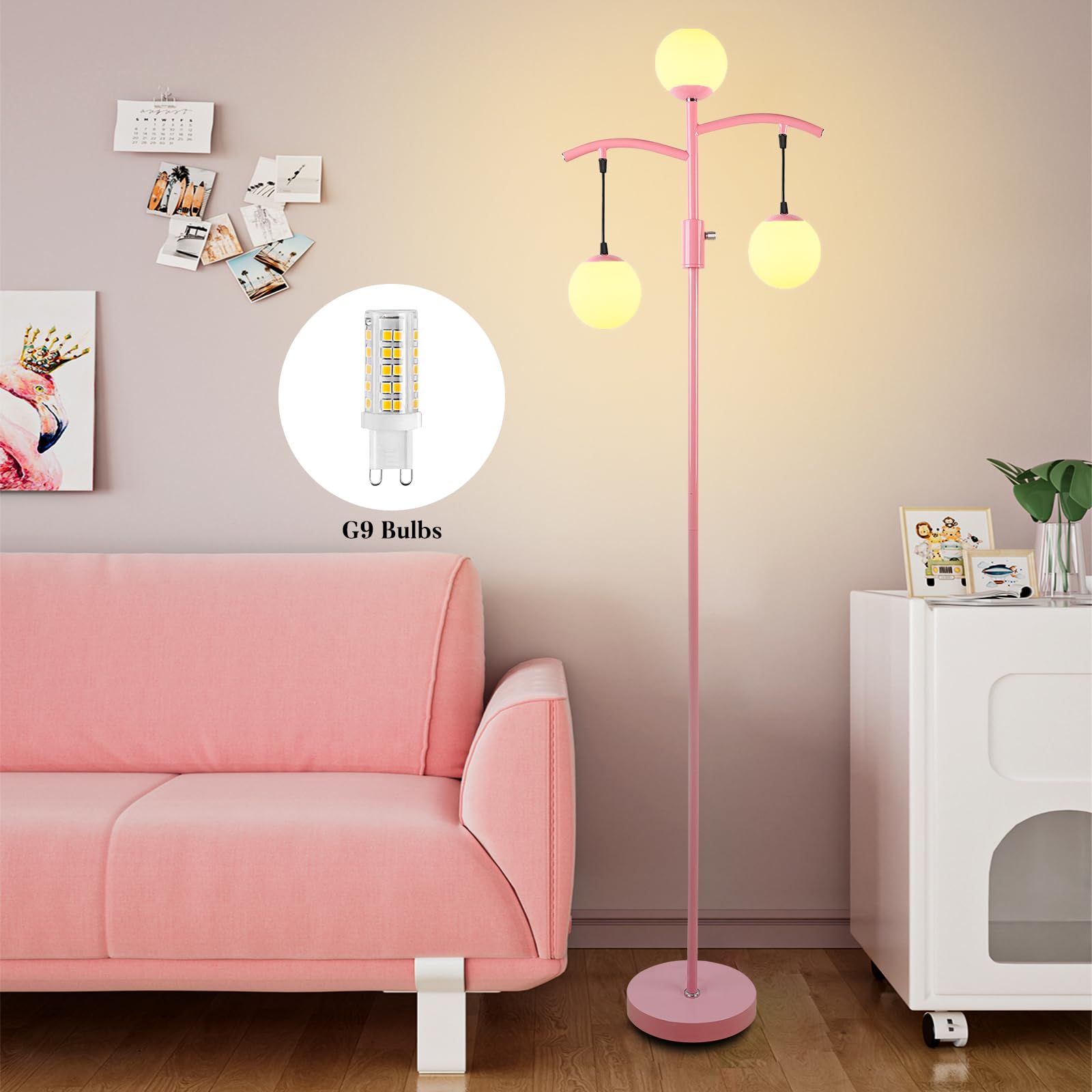 Lightdot 67IN Vintage Tree Floor Lamp, Dimmable, Polycarbonate, 3 Globe, Pink, Model LFLL-M-DC