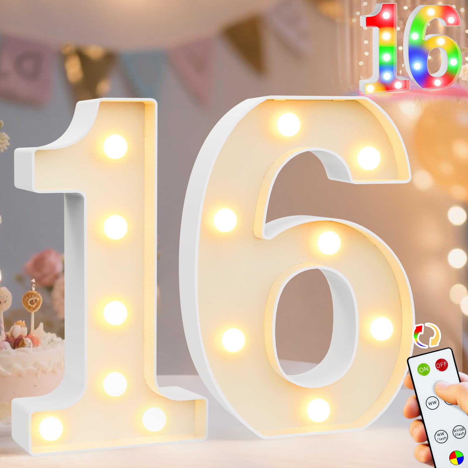Pooqla 16Th Birthday Decoration For Girls Boys  Decorative Led Light Up Numbers  Marquee Numbers 16 Sign For Party Backdrop 16Th Wedding Anniversary Decor Gift  Warm White And Colorful Number 16
