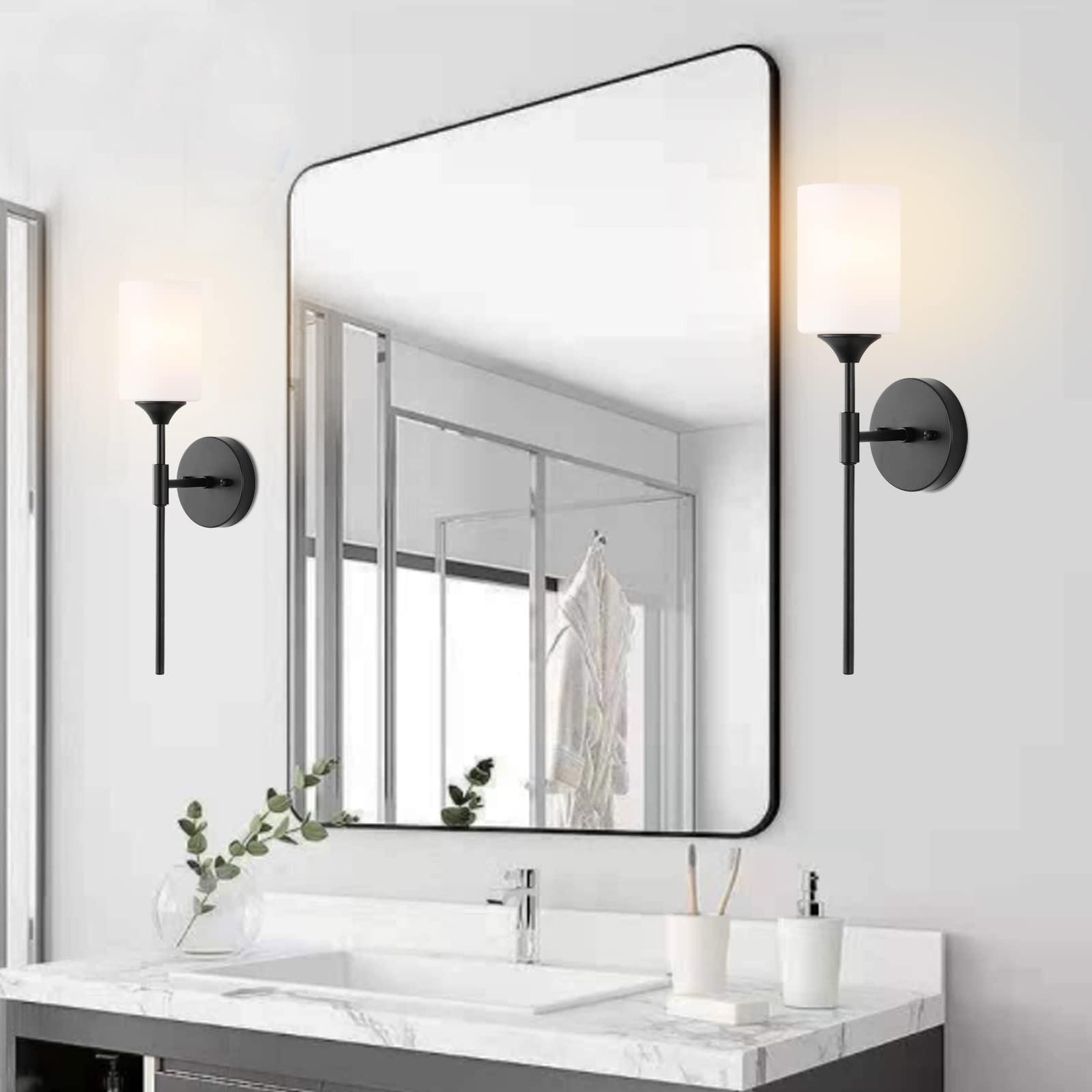 BYOLIIMA Mid Century Modern Wall Lamp 2 Pack - Black Metal Sconce with White Glass Shades for Bathroom, Bedroom, Living Room Lighting