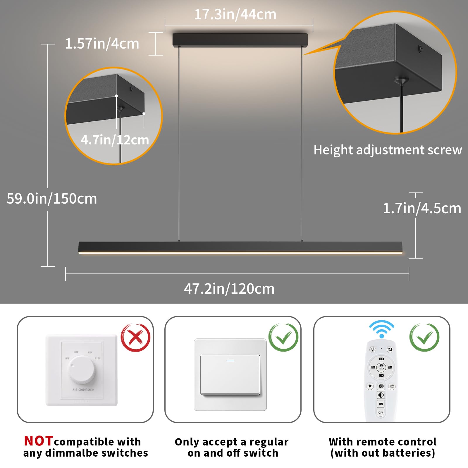 Lannlker Led Linear Pendant Lights, 47In Island Lighting Fixture 3000K-6000K Dimmable, Chandelier Lamp For Kitchen Dining Room P