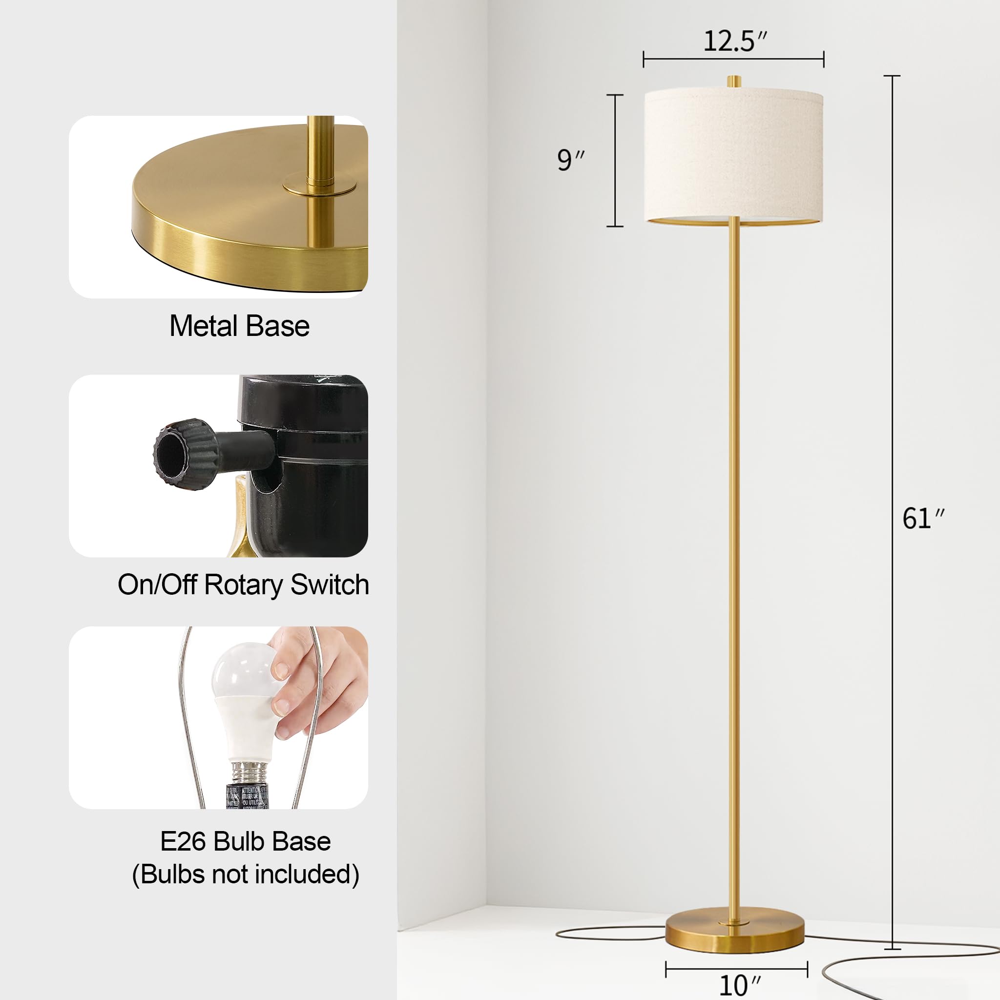 Oneach 61Modern Floor Lamp For Living Room, Gold Standing Lamp With Natural Linen Lampshade, Rustic Industrial Corner Floor Lamp