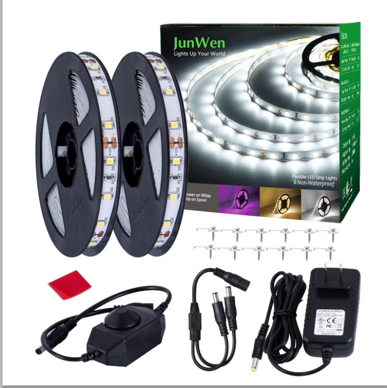JUNWEN 40ft White Led Strip Lights, Flexible SMD2835 Led Ribbon Lights 12V Dimmable Strip Lighting Plug in Indoor Led Tape Light Cuttable Led Strip Lights for Bedroom Christmas Kitchen Cabinet Mirror