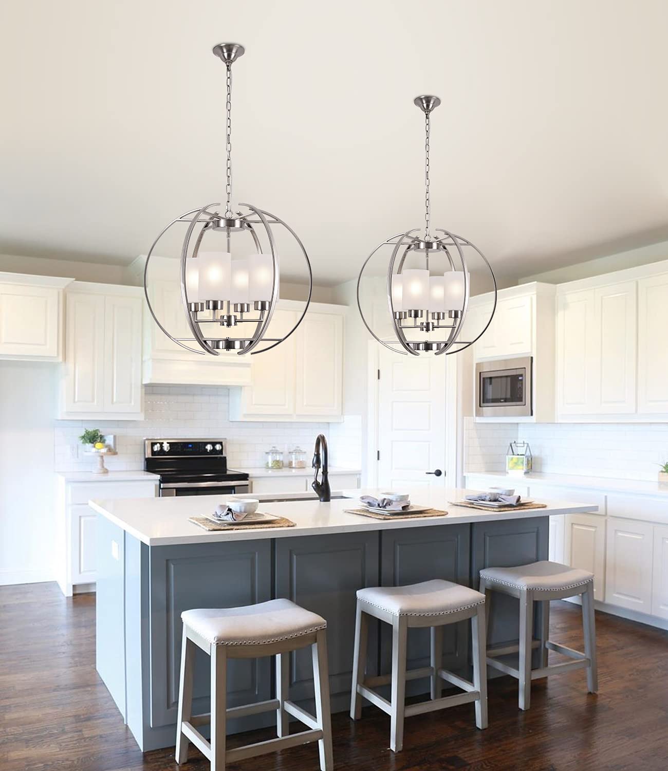 BOZO 24" Globe Chandelier - Brushed Nickel Modern Pendant Lighting with Frosted Glass Shades, Large Size, Model 8868/4