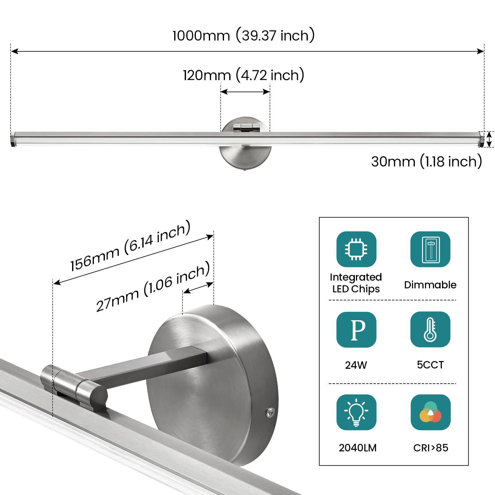Kaisite Brushed Nickel Vanity Light 39 Inch Modern Bathroom Light Fixture Over Mirror 24W Dimmable 5Cct Led Vanity Light For Bat