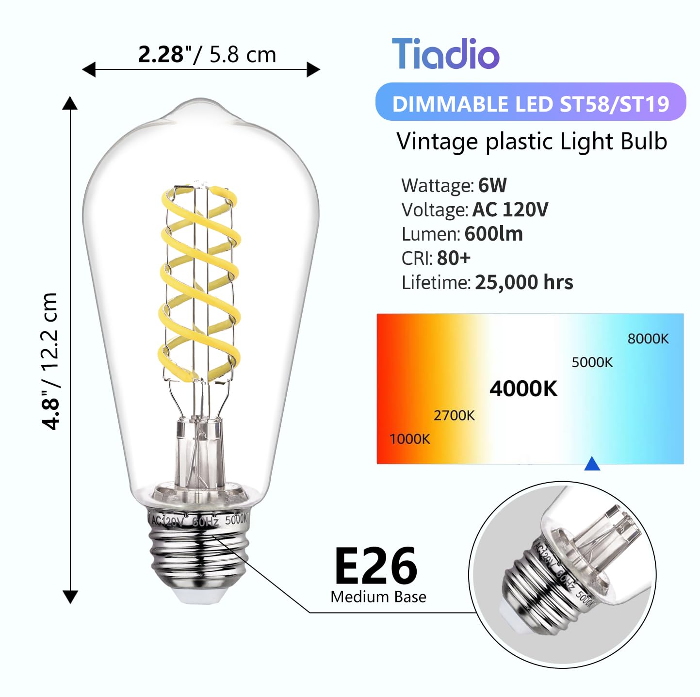 Tiadio St58 Edison Bulbs 60 Watt Led, 5000K Vintage Light Bulbs, E26 Led Bulb 6W Dimmable Plastic 600Lm, Antique Decorative Fila
