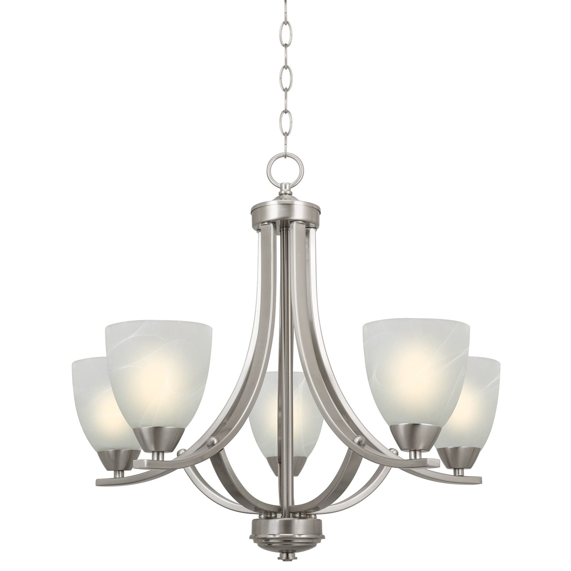 Kira Home Weston 5-Light Chandelier, Alabaster Glass Shades, Brushed Nickel Finish, Model RV-CC1185232-BN, Adjustable Chain