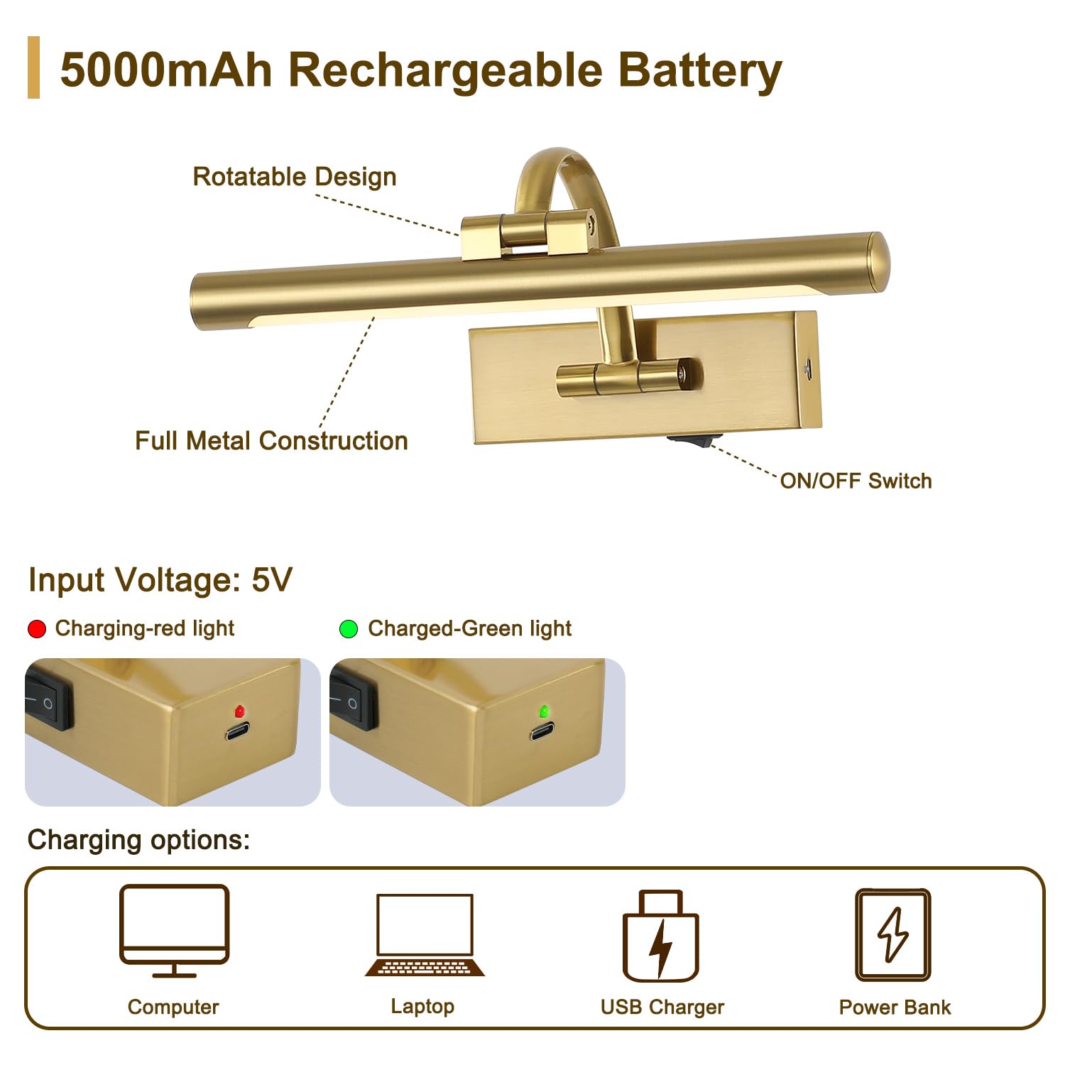 DESOOP Wireless Picture Lights - Brass 12 Inch Art Lamps with Remote, Timer, Dimmable, Battery Operated, Model 7115