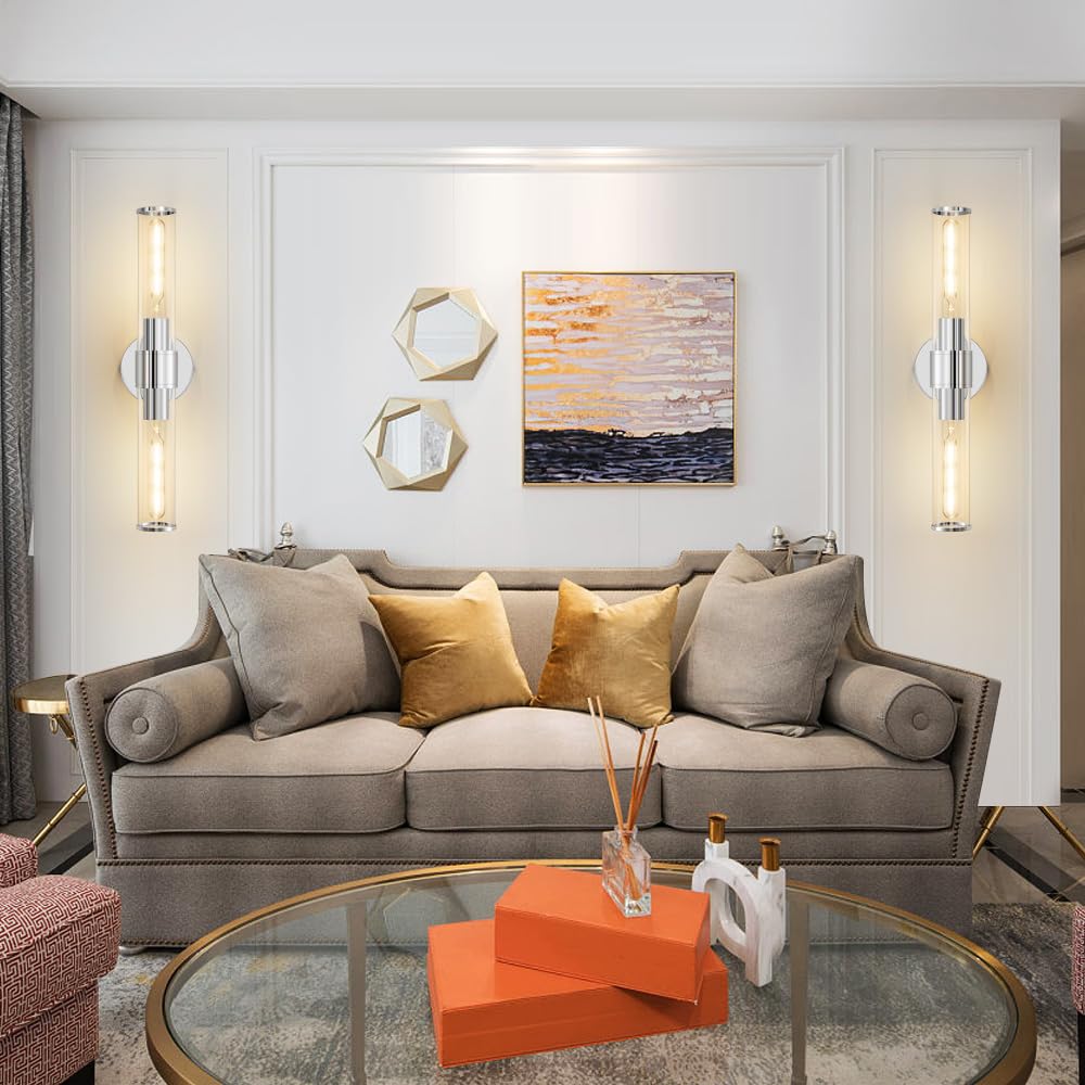 Vaziden Chrome Wall Sconce  Bathroom Light Fixtures In Clear Glass Indoor Wall Sconces  Modern Sconce Wall Lighting Up And Down Vanity Lights Fixtures For Bathroom Living Room - Bulb Not Included
