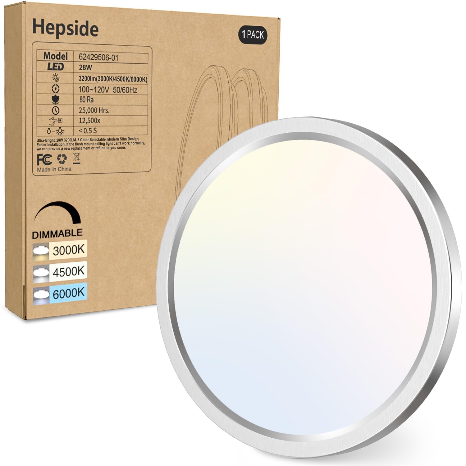 hepside 1PACK Flush Mount LED Ceiling Light Fixture Brushed Nickel, 12Inch 28W, Dimmable 3000K-4500K-6000K 3 Color Selectable Ceiling Lamp 3200LM Low Profile Ceiling Light for Kitchen Bedroom Hallway