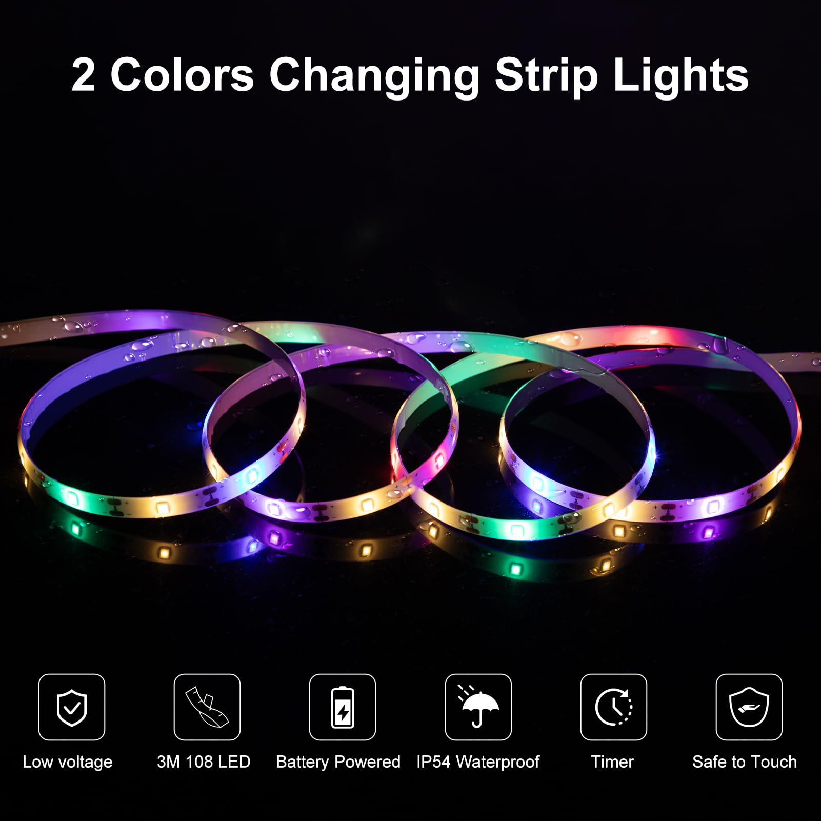 echosari LED Strip Lights, 10Ft Dual Color Changing, Remote Control, Battery Operated, Warm White & Multicolor, Cuttable Adhesive Lights