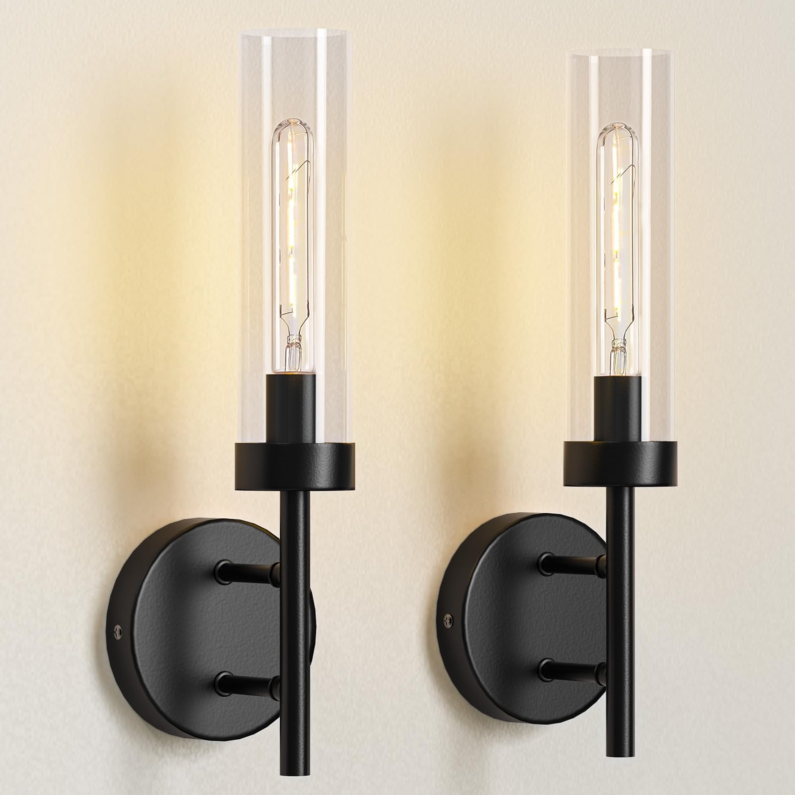 E.P. Light Black Hardwired Wall Sconces Set of 2, Modern Metal Vanity Fixtures with Clear Glass Shade for Bathroom and Living Room, Model EP0101