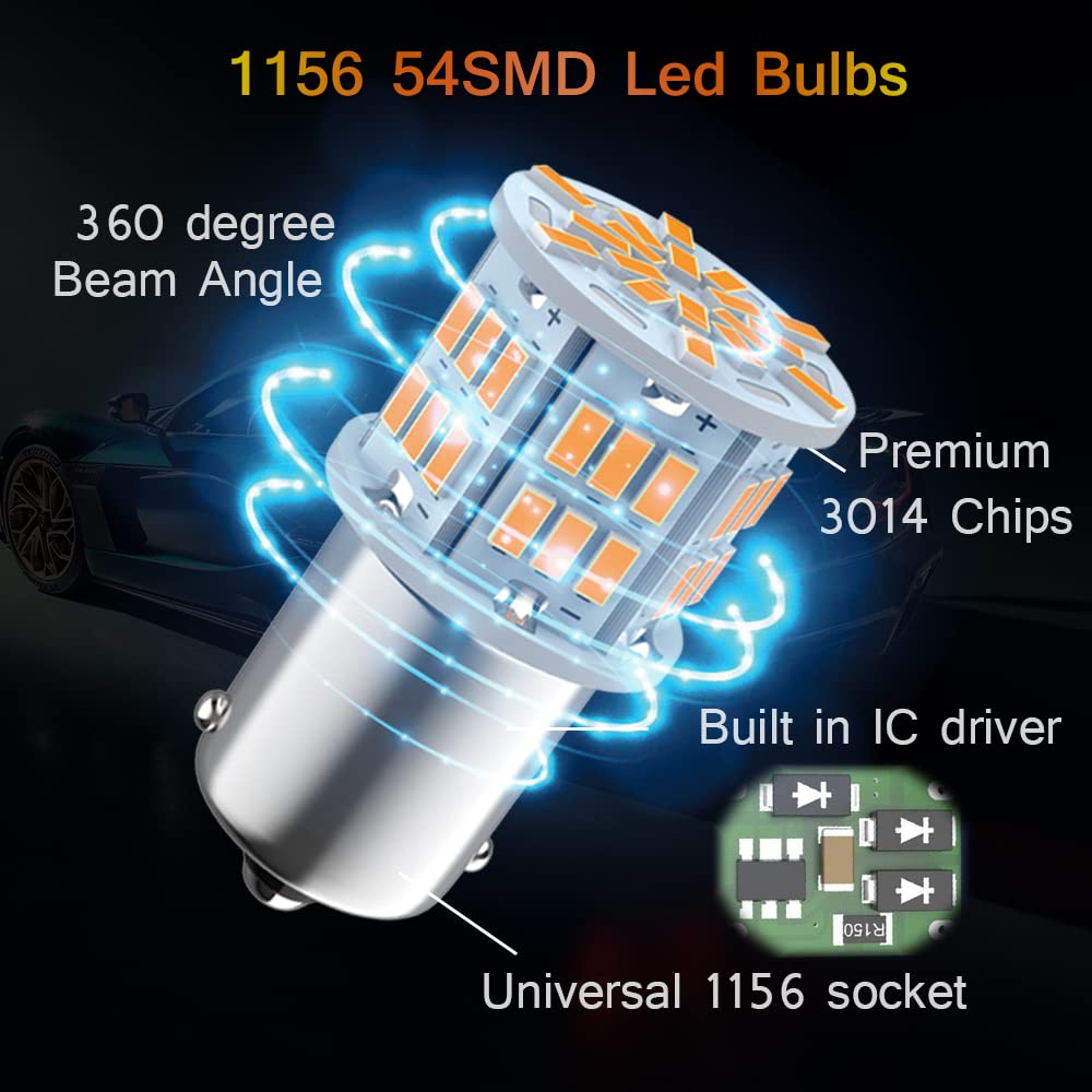 Melphan-Auto 1156 Bulb, Amber LED 54SMD, 12V-24V, Reverse Light, 2pcs for Truck Car Tail Parking, Camper Trailer RV
