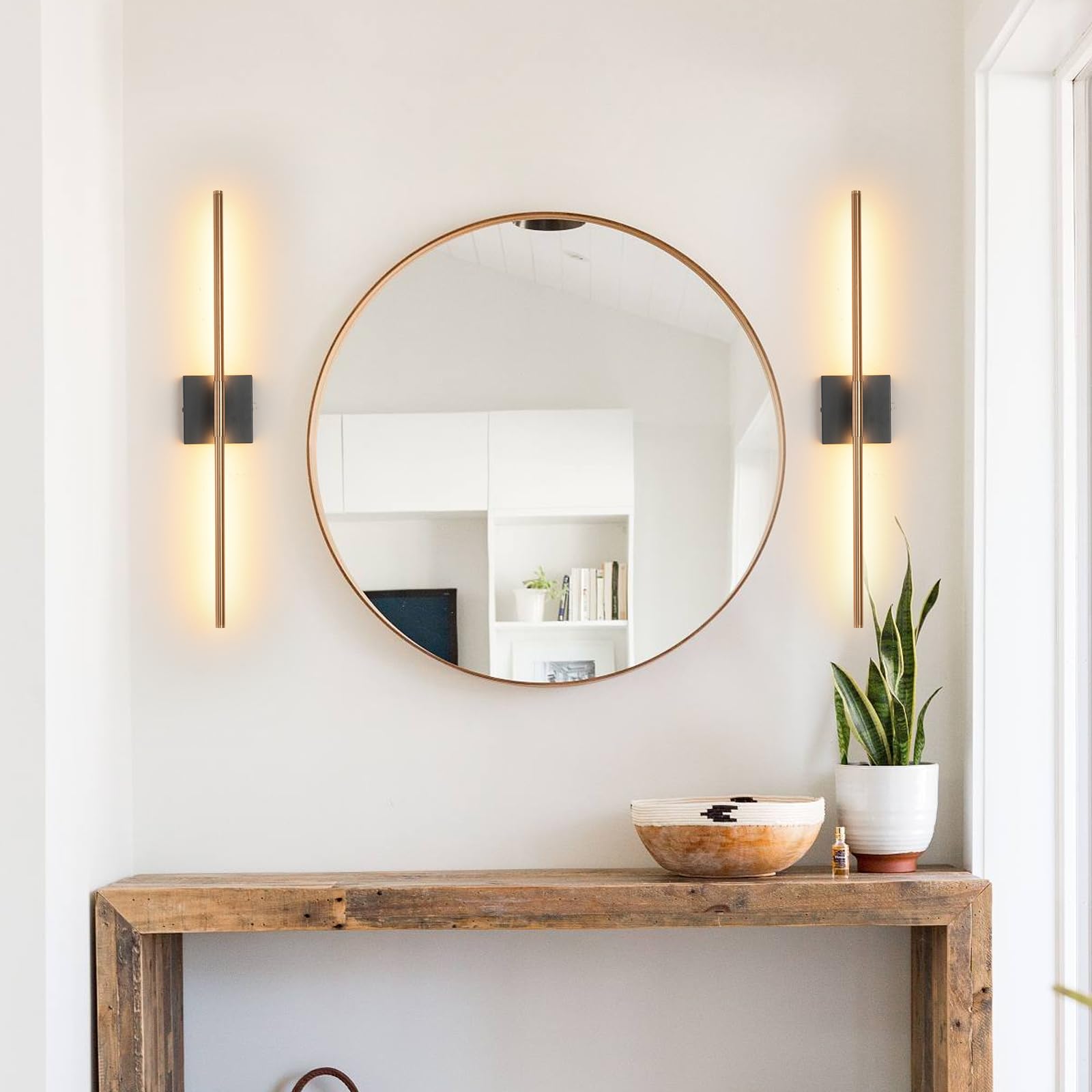 Kuzzull Modern Light Fixture Set Of Two 27.8X4.3X3.4In Black And Brass Gold Sconces 1200Lm Led Wall Lights For Bathroom, Living
