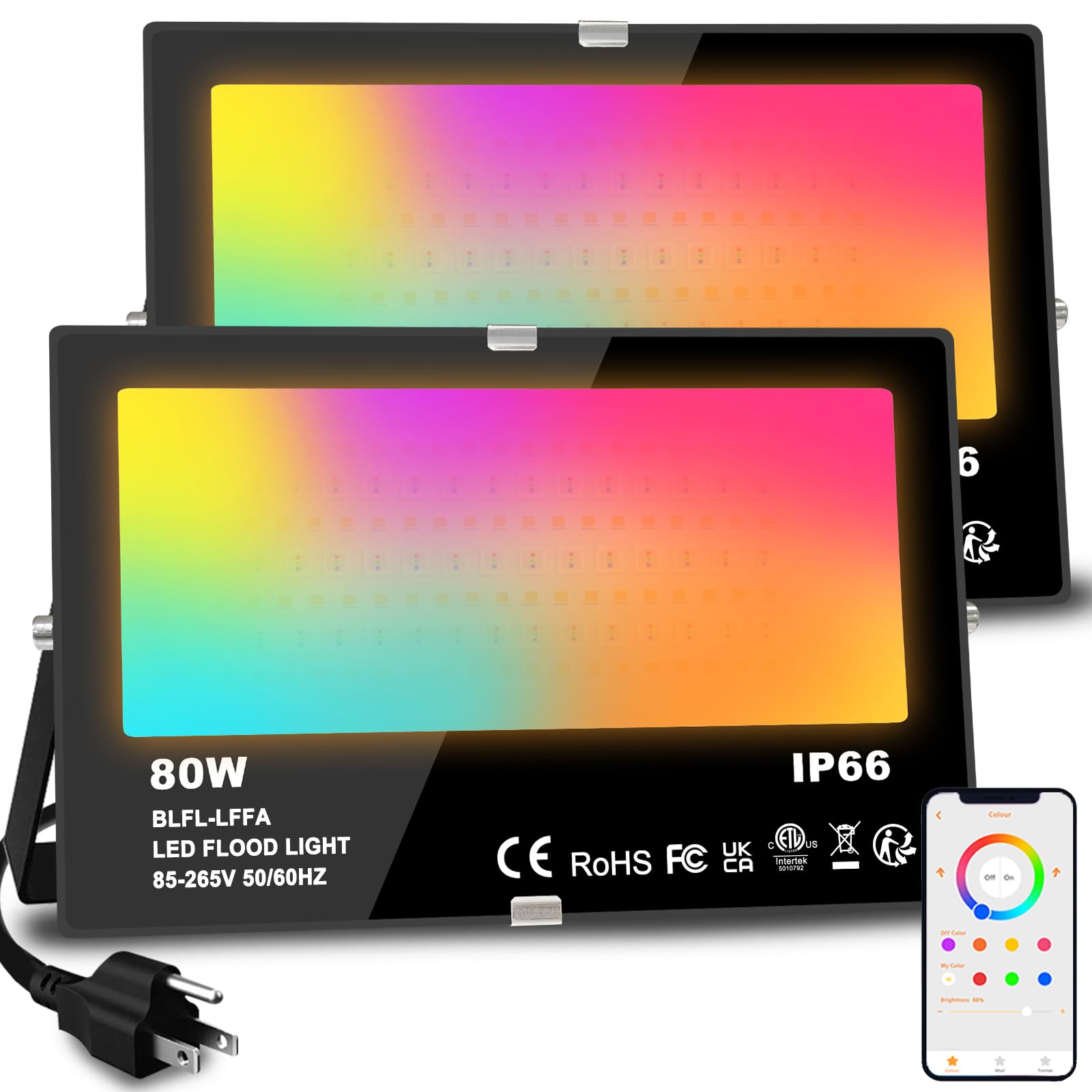 MELPO LED Flood Light Outdoor, 800W Equivalent, 8000LM, Smart RGB, IP66 Waterproof, 2 Pack, Black, Model BLFL-LFFA