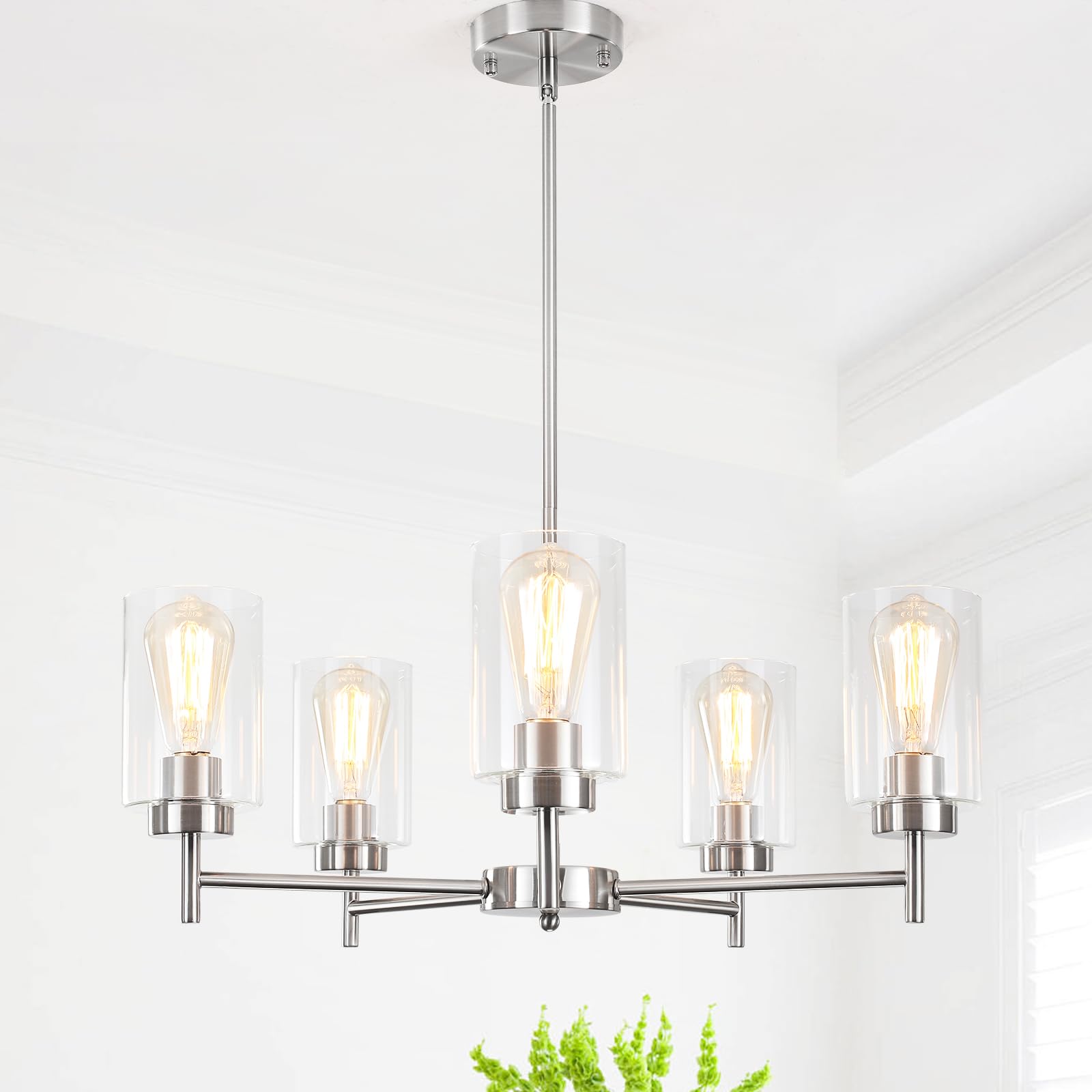 Brushed Nickel Chandelier Dining Room Light Fixture Over Table 5 Lights 24" Farmhouse Chandelier With Glass Shade Hanging Pendant Light Modern Chandeliers For Living Room Entryway Kitchen Foyer