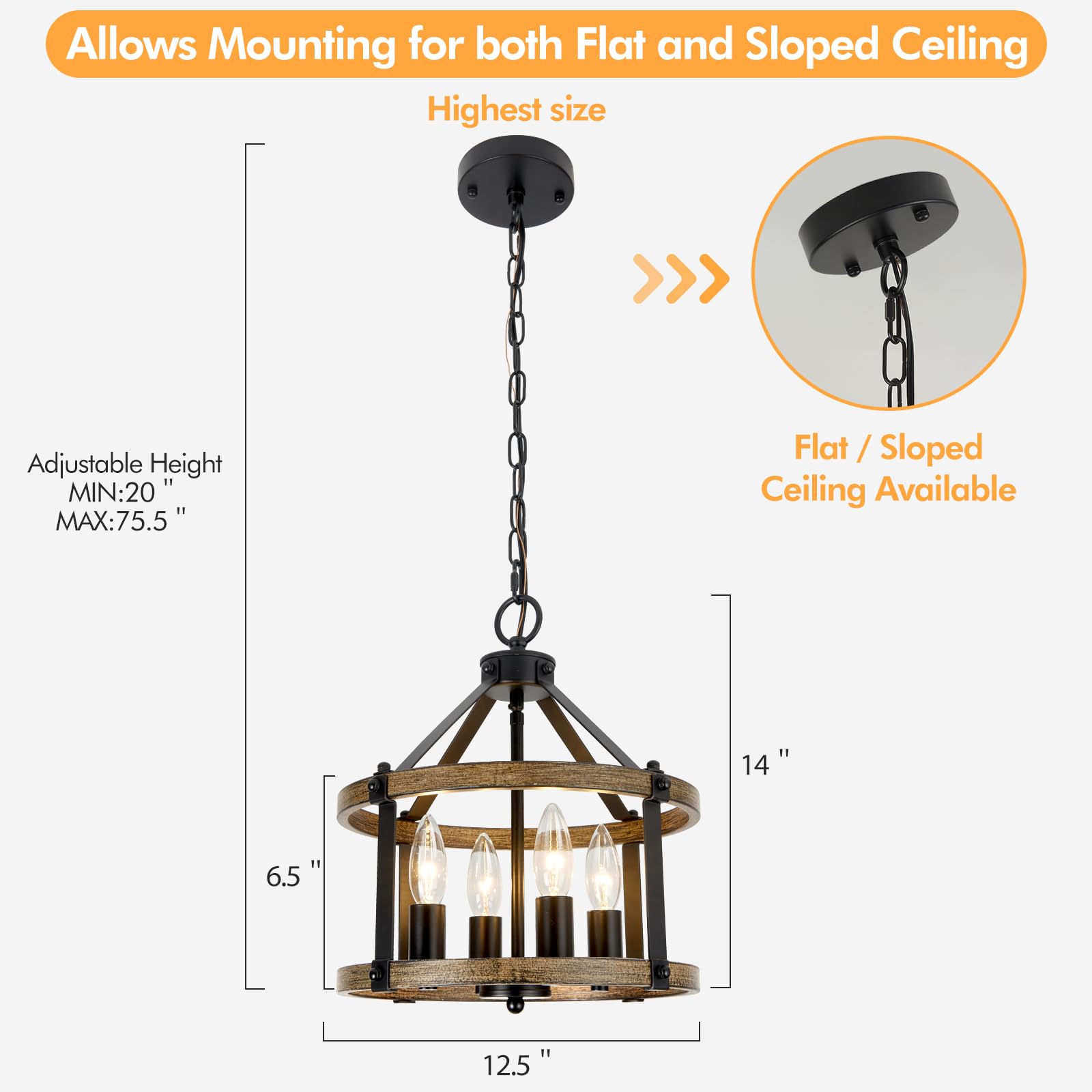 12.5'' Farmhouse Chandelier Light Fixtures, 4 Light Rustic Chandeliers, Black And Vintage Wood Finish Metal Industrial Chandelie