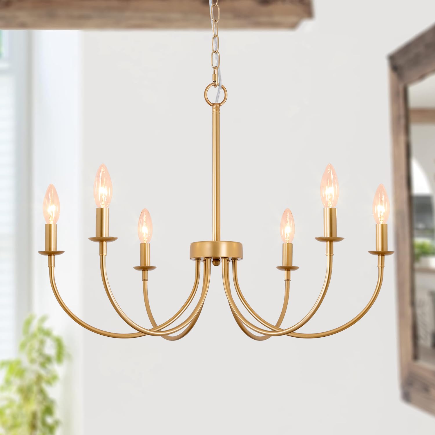 Gold Chandelier, 26'' 6-Light Farmhouse Chandeliers For Dining Room Lighting Fixtures Hanging, Modern Farmhouse Chandelier For B
