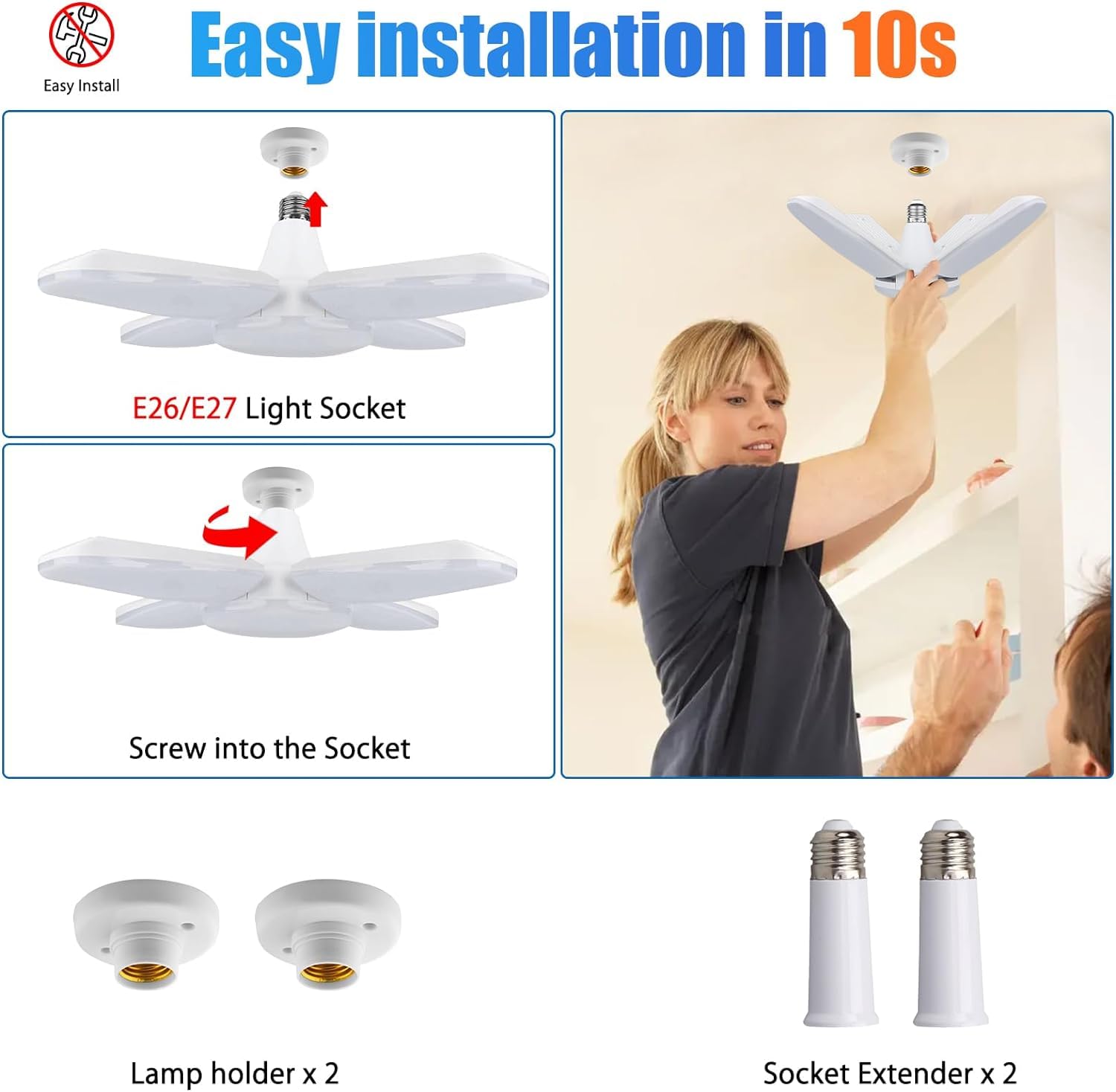 Yiliaw LED Garage Light 2 Pack 60W with 4 Adjustable Panels 6500K 8000LM White