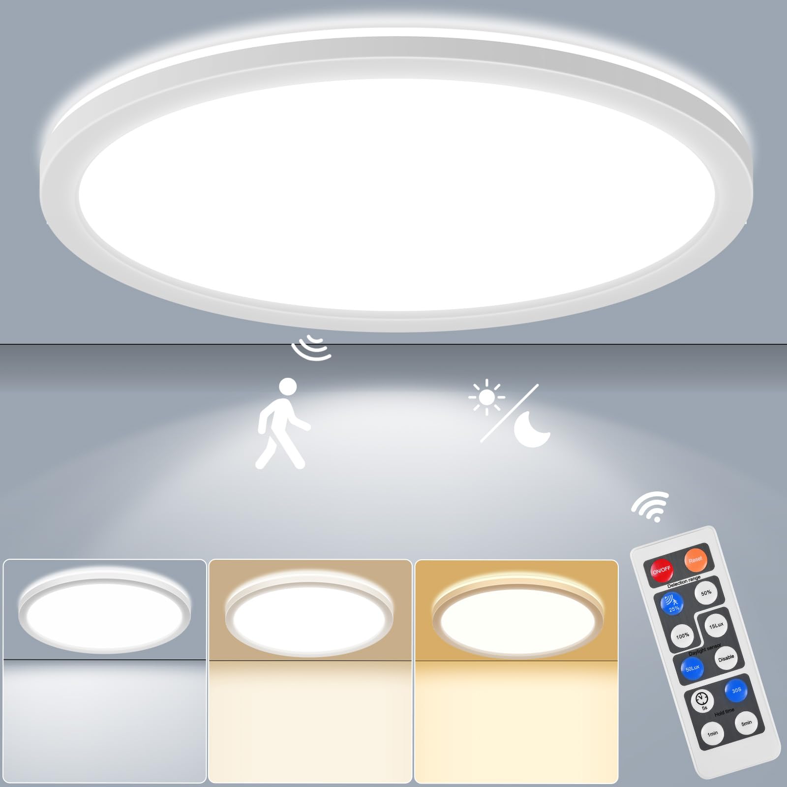 24W Motion Sensor Led Ceiling Light Wired  2400Lm 12Inch 2700K/4000K/6500K Ip54 Flush Mount Lighting Fixture With Remote  Radar Motion Activated Ceiling Lamp For Hallway Laundry Porch Stair Closet