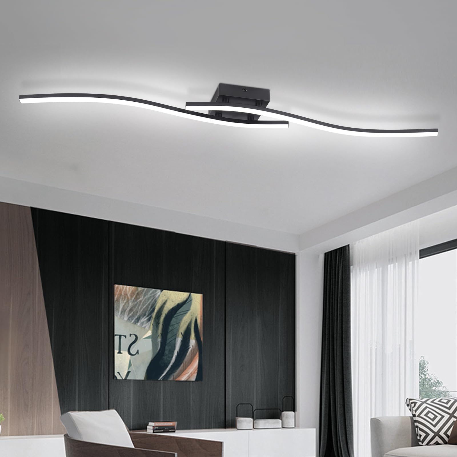 HLILCEH 39.37Inch Linear Ceiling Light 6000K Black Modern Ceiling Light Fixture 28W Long Flush Mount Ceiling Lamp for Hallway, K
