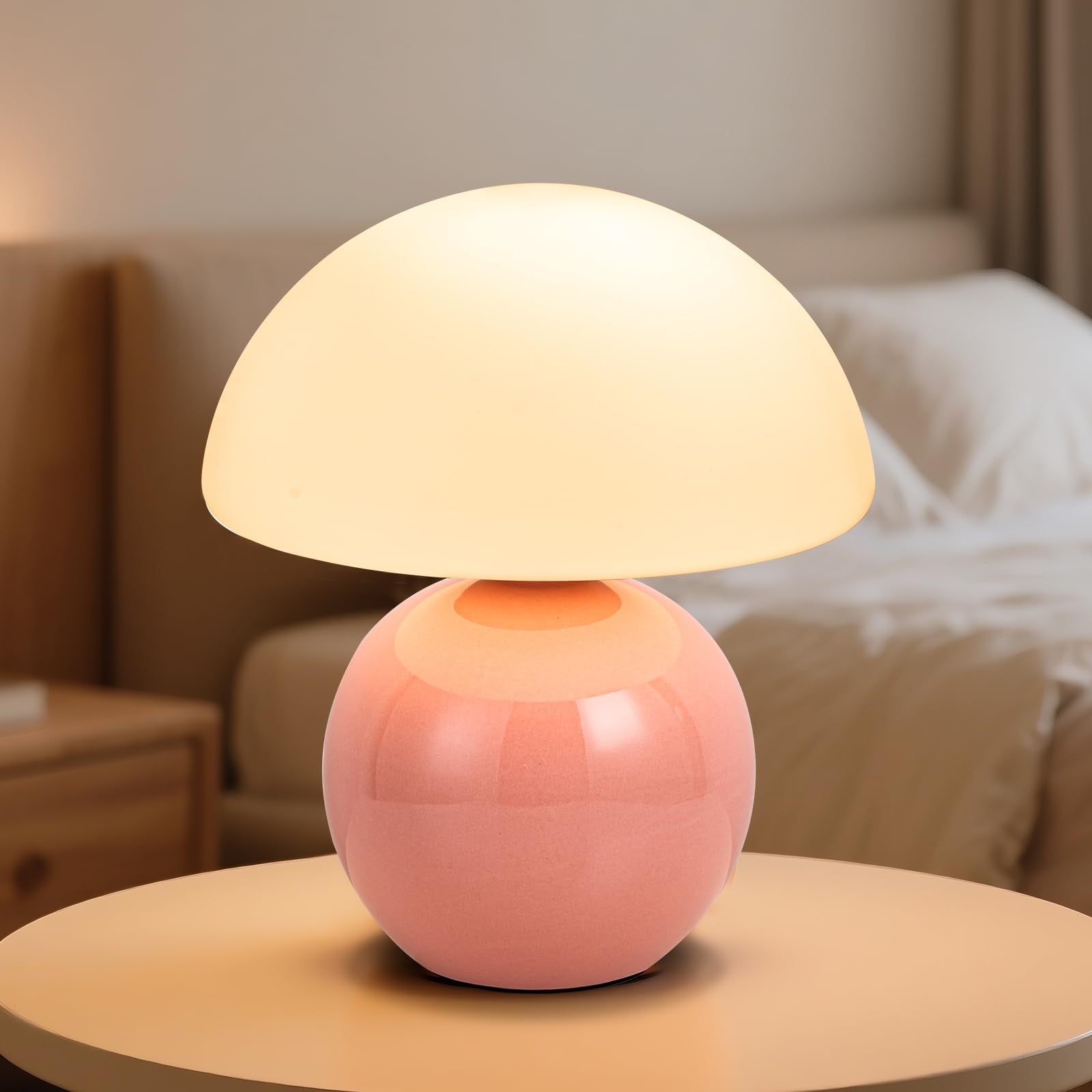 Adebime Ceramic Base Table Lamp with Milky White Glass Shade, Vintage Dimmable Design, Pink, Model HQ-74018-1T-PK
